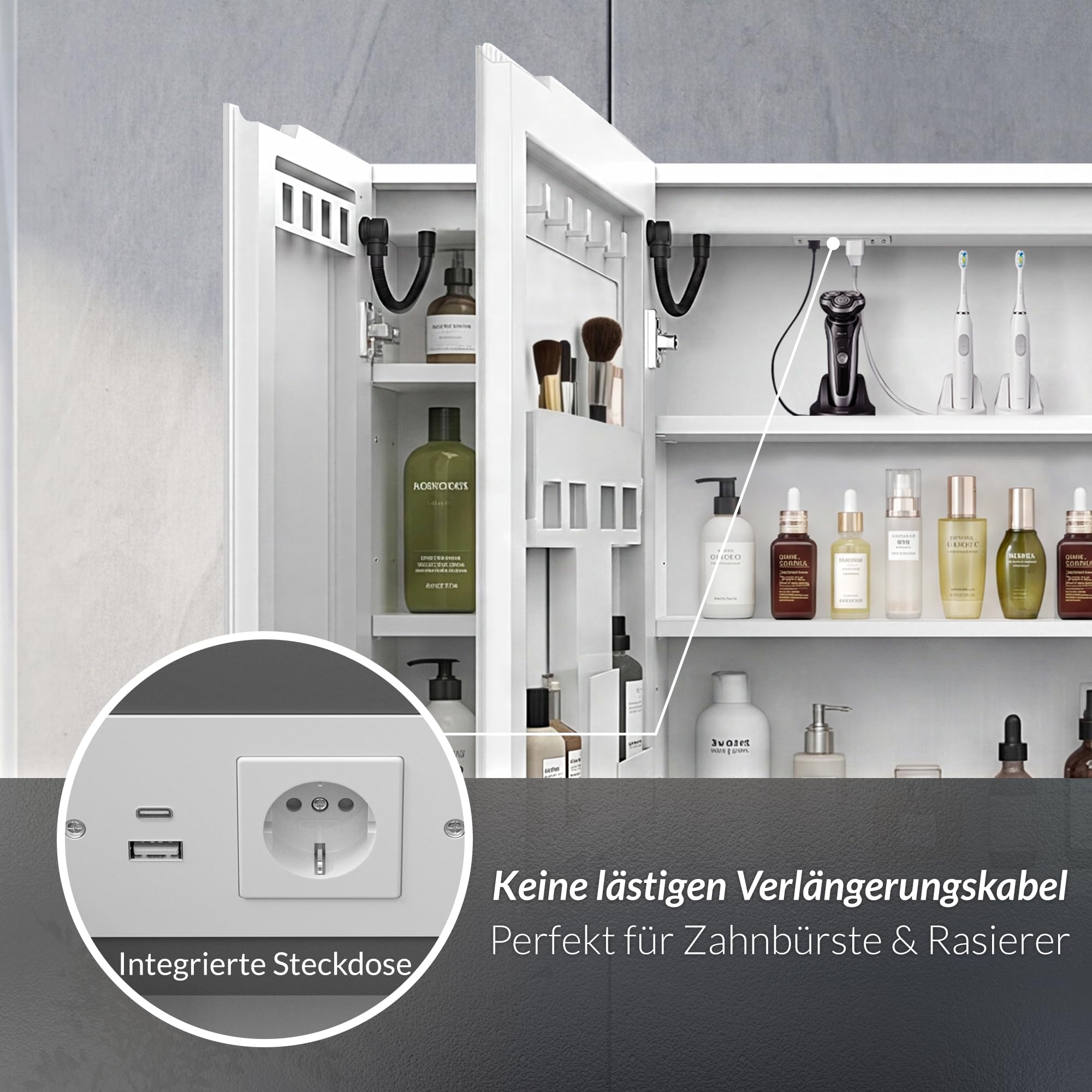 Spiegelschrank Bad mit Beleuchtung – 3 Farbtemperaturen dimmbar & verstellbare Böden, komplett vormontiert mit Steckdose (EU), Type-C & USB, Antibeschlag & IP44 – 95x60x14cm Weiß