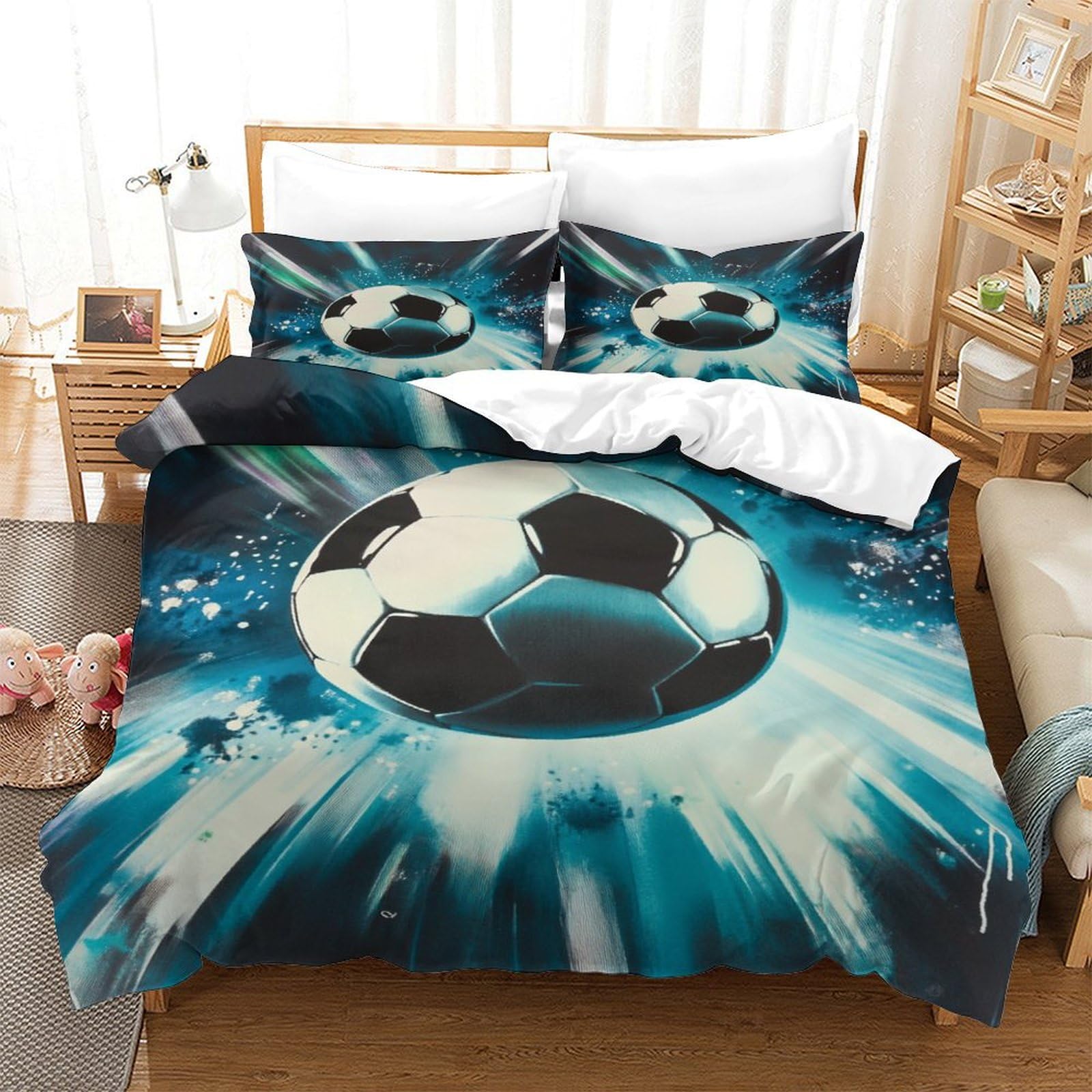 P1S9U7W5Y Dynamic Football 3D Printed Duvet Cover Set 3pcs Microfiber Soccer Bedding Set King（220x240cm）