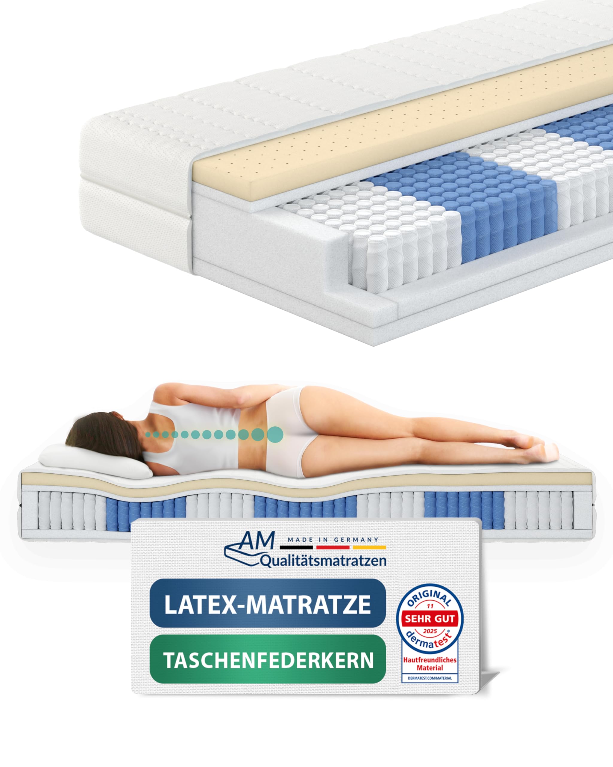 AM Qualitätsmatratzen Premium Latex-Taschenfederkernmatratze 90x200cm H3 24cm - Made in Germany & Oeko TEX Siegel - 7 Zonen Latex-Federkernmatratze 90x200 mit 1000 Federn & Lyocell Bezug