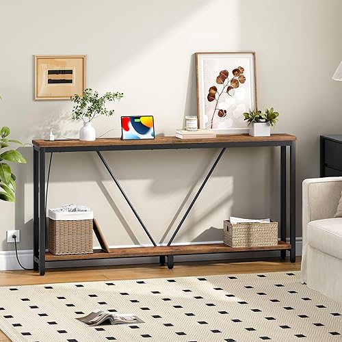 Miniatura 7 de HOOBRO Mesa consola de 63 pulgadas con estación de carga, mesa de sofá extra larga de 2 niveles con soporte en V, para espacio estrecho, mesa de