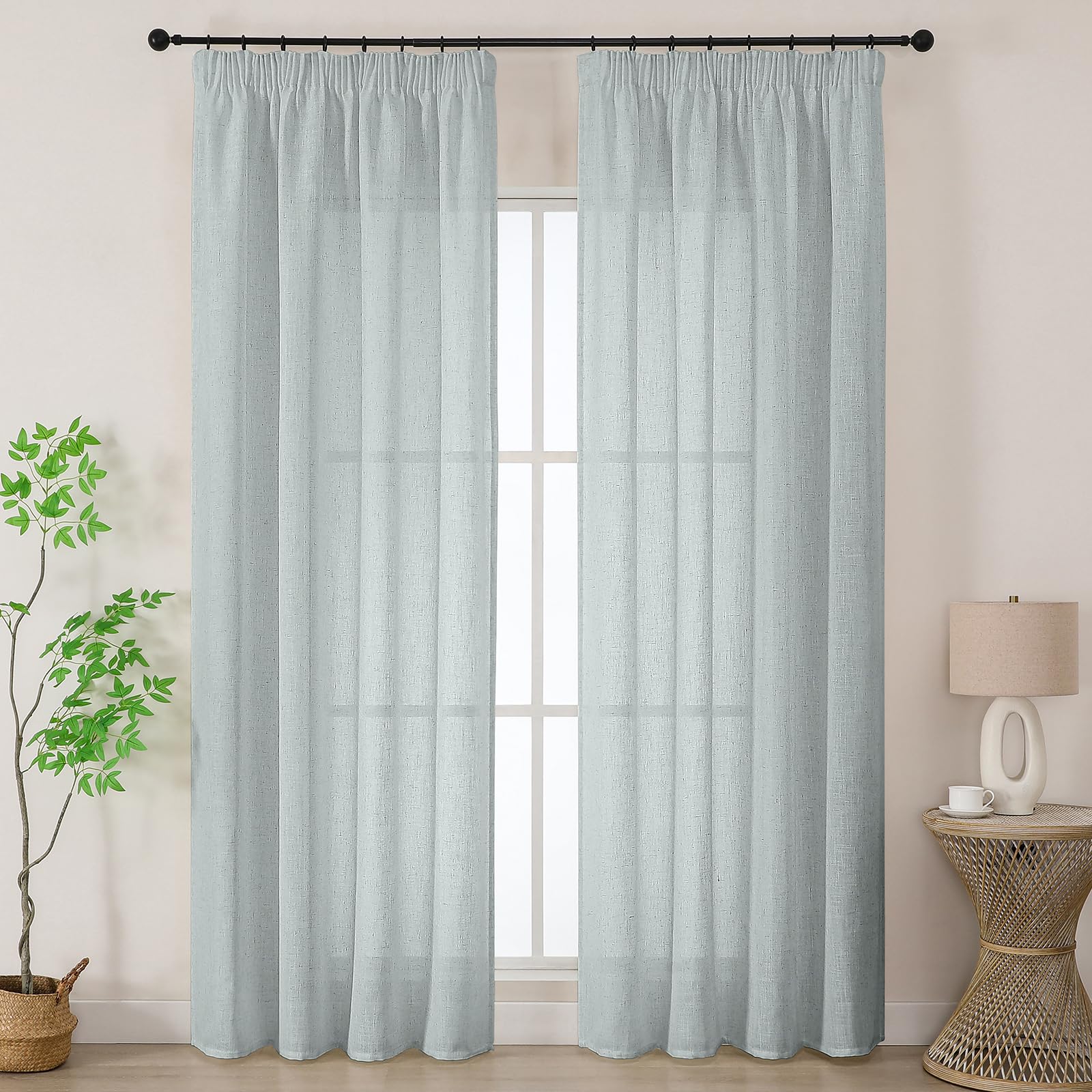 Joydeco Leinen Gardinen mit Kräuselband 2er Set 225x140 HxB Voile Leinenvorhänge für Schienen Halbtransparente Leinenoptik Wohnzimmer Schlafzimmer