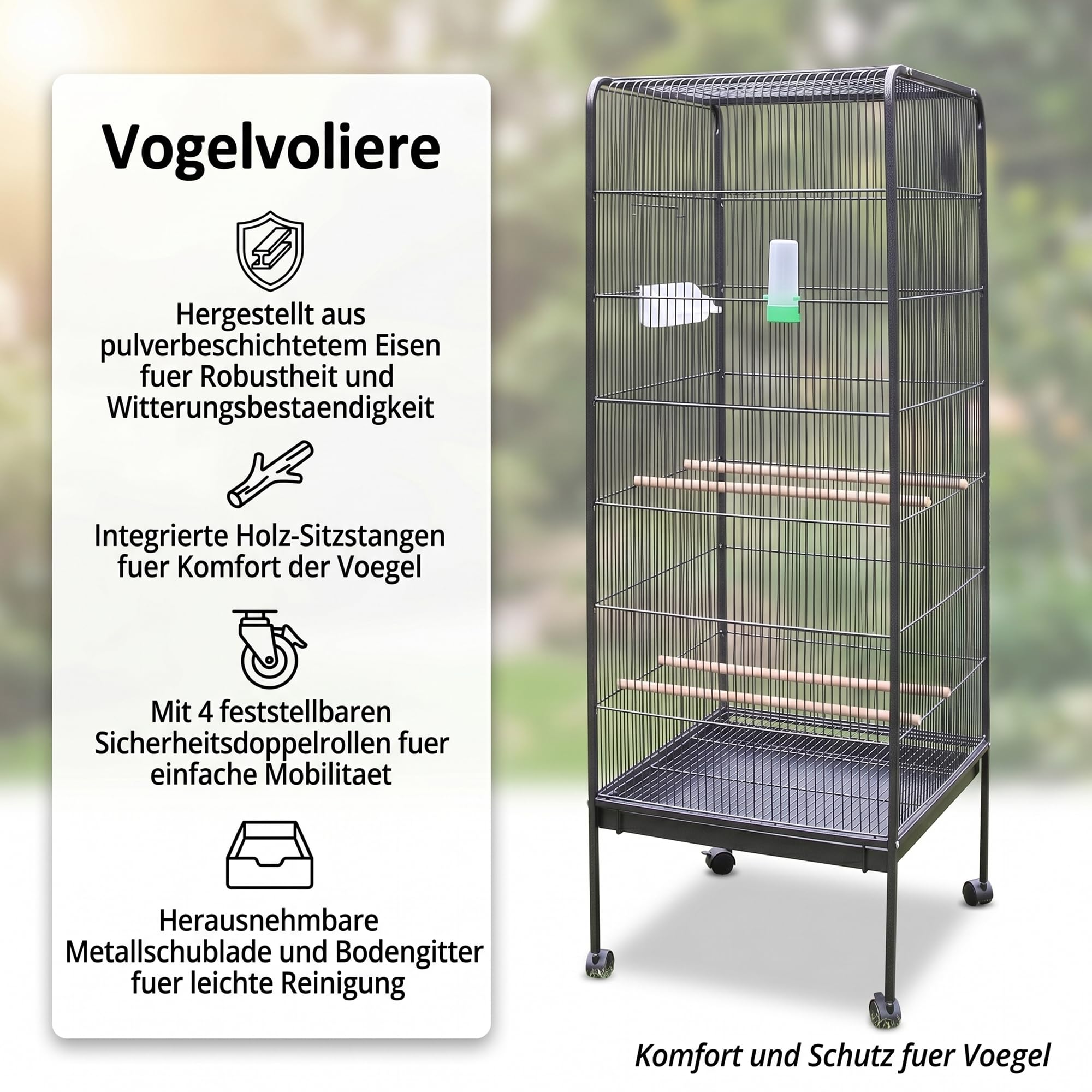 Mucola Vogelvoliere 146x54,5x54,5 cm pulverbeschichtetes Eisen Anthrazit | Vogelkäfig Vogelbauer Voliere groß mit herausnehmbarer Bodenwanne | Wellensittichkäfig Papageienkäfig Vogelhaus Gitter