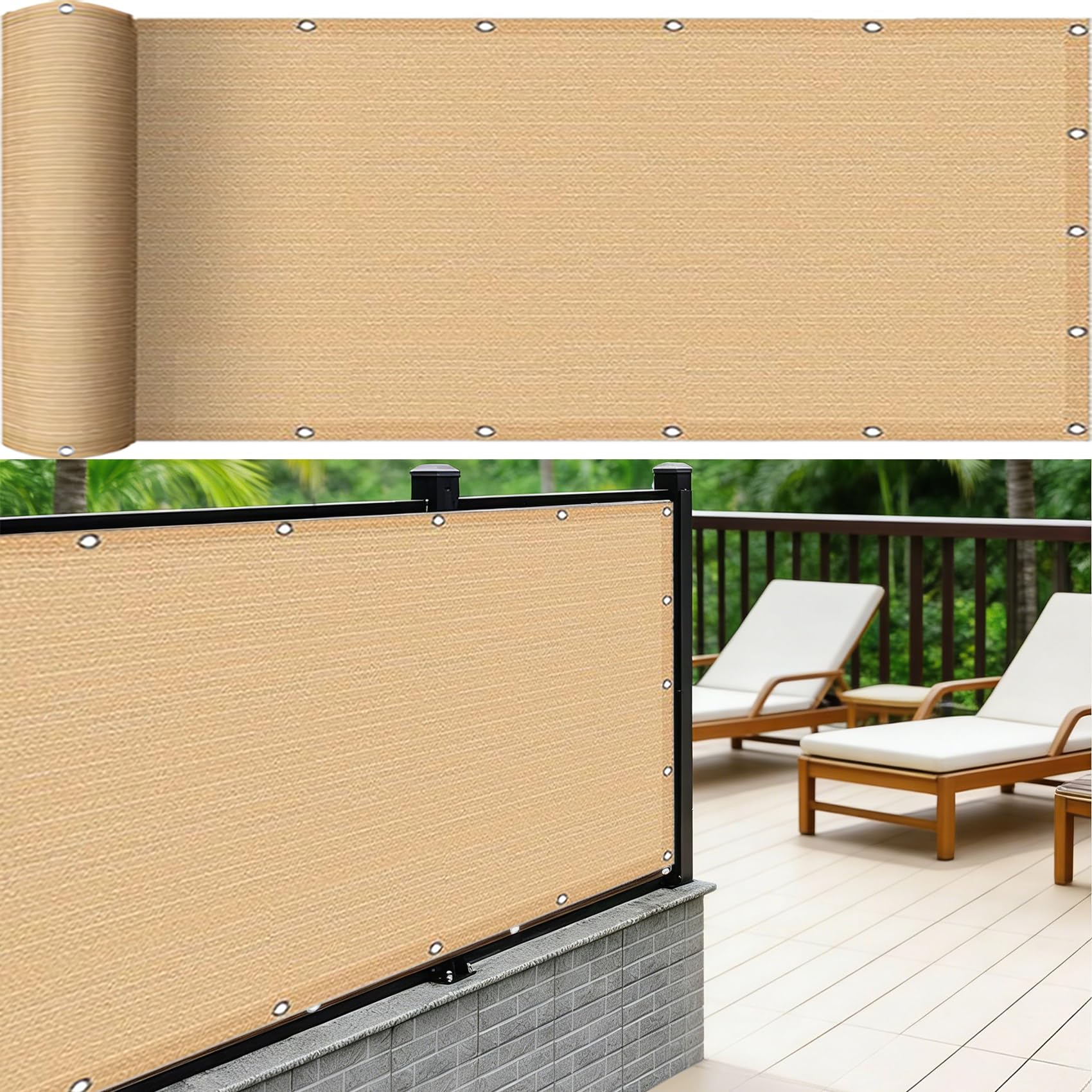 Sichtschutz Balkongeländer 2.7 x 6 m, Wind Und UV Schutz, Beständig, Ohne Bohren, Viele Größe Und Farben, Atmungsaktiv Balkonumrandung, mit Kabelbinder für Garten, Sandgelb