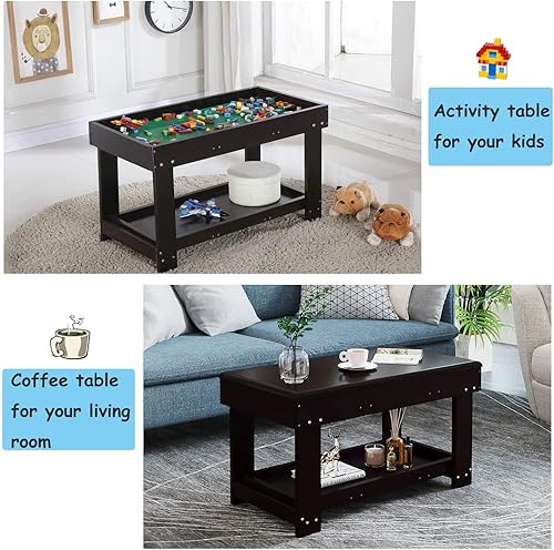 Miniatura 10 de YouHi Mesa de actividades para niños con tabla y almacenamiento para mesa de juegos de ladrillos (mesa doble blanca) Blanco,Marrón,color madera