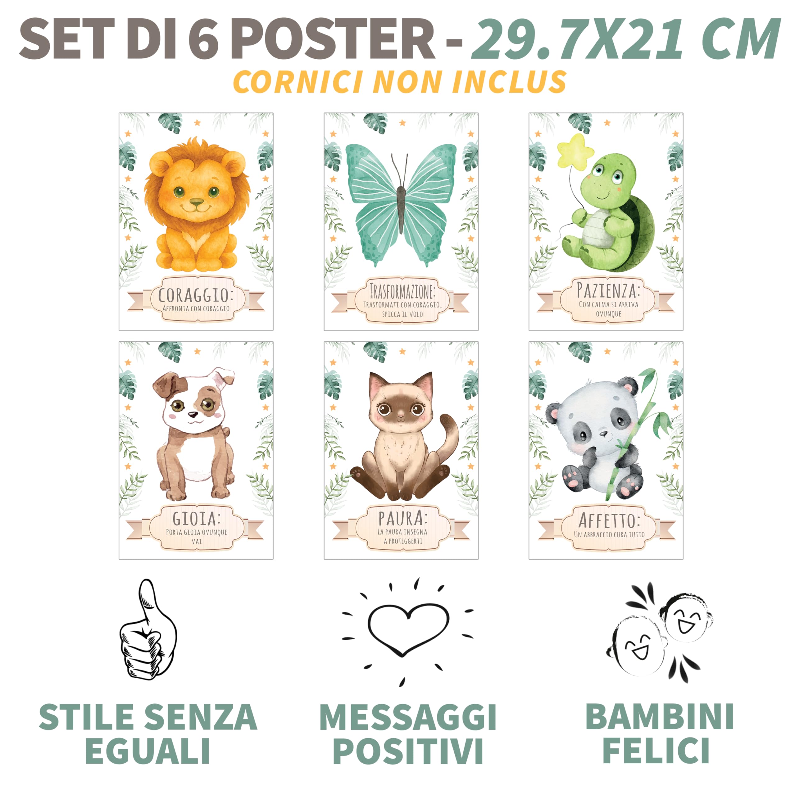 NAÏZAYA Cameretta Bambina Bambino Decorazioni - Set 6 Poster Quadri Animali 21x30cm - Frasi Motivazionali Italiano, Senza Cornice