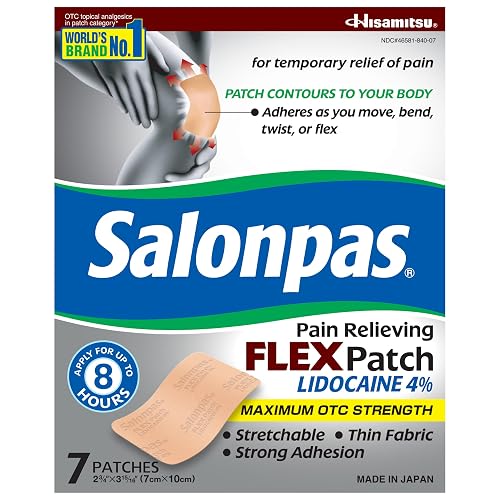 Salonpas Pain Relieving Flex Patch Lidocaine 4%, 7 Count (Pack of 1) | Maximum OTC Strength Lidocaine 4%, Apply for Up To 8 Hours, Temporary Relief of Pain, Patch Contours To Your Body