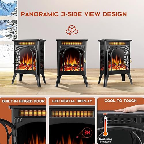 Miniatura 5 de Kismile Estufa eléctrica infrarroja 3D de 17 pulgadas, calentador de chimenea independiente con efectos de llama realistas, calentador de espacio