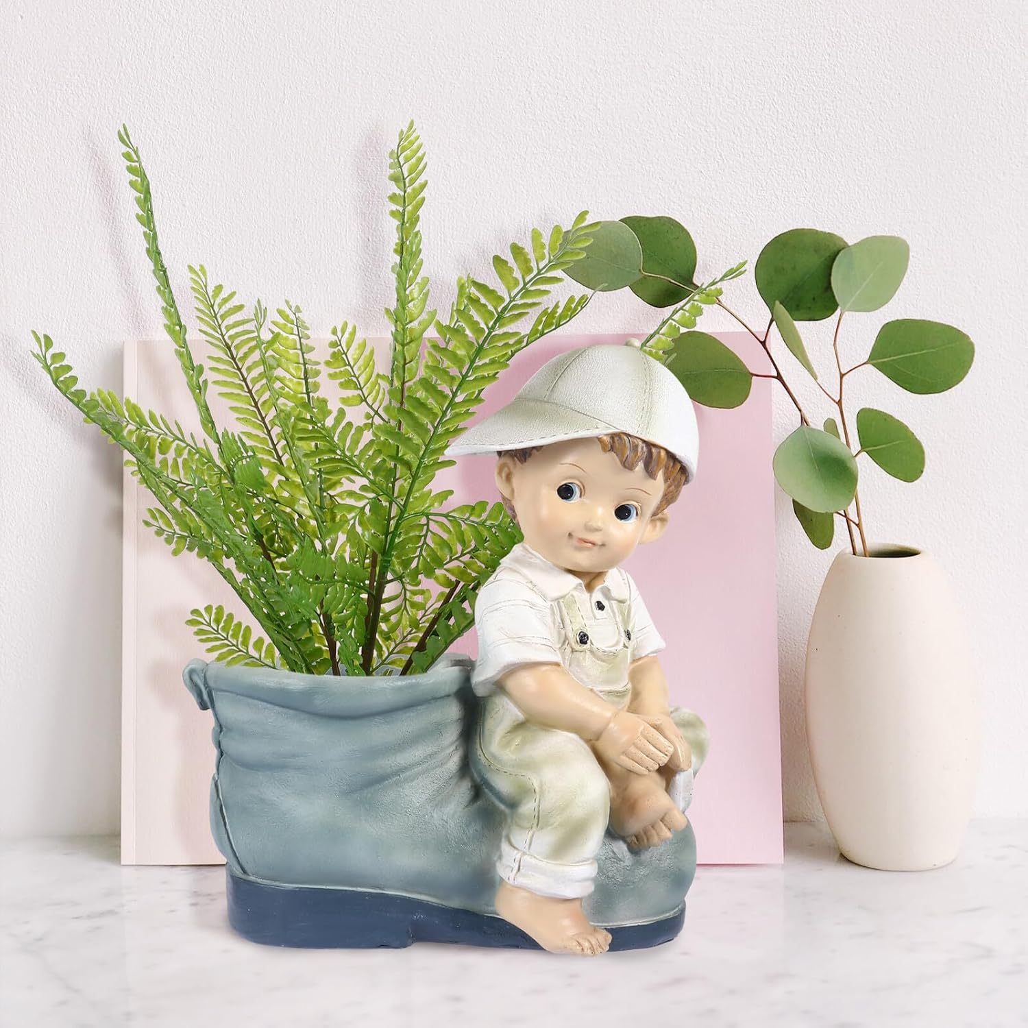 DOITOOL Resin Cartoon Boy Flower Pot Figurine Garden Sculpture Outdoor Miniature Decorative Resin Ornament for Patio Lawn Bonsai Display