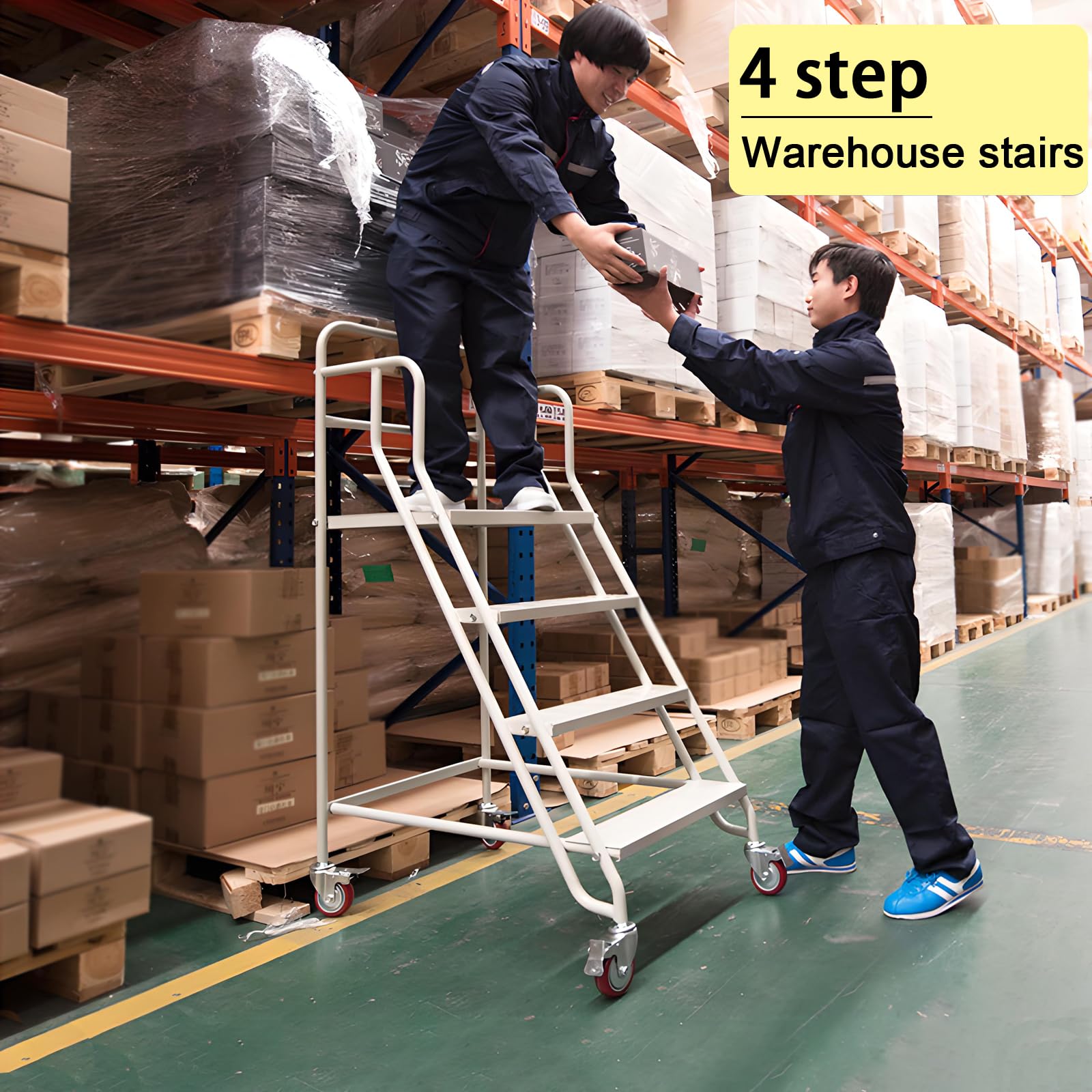 Escalera móvil de 4 peldaños con ruedas, antideslizante, industrial, para almacén, para uso en garaje y biblioteca