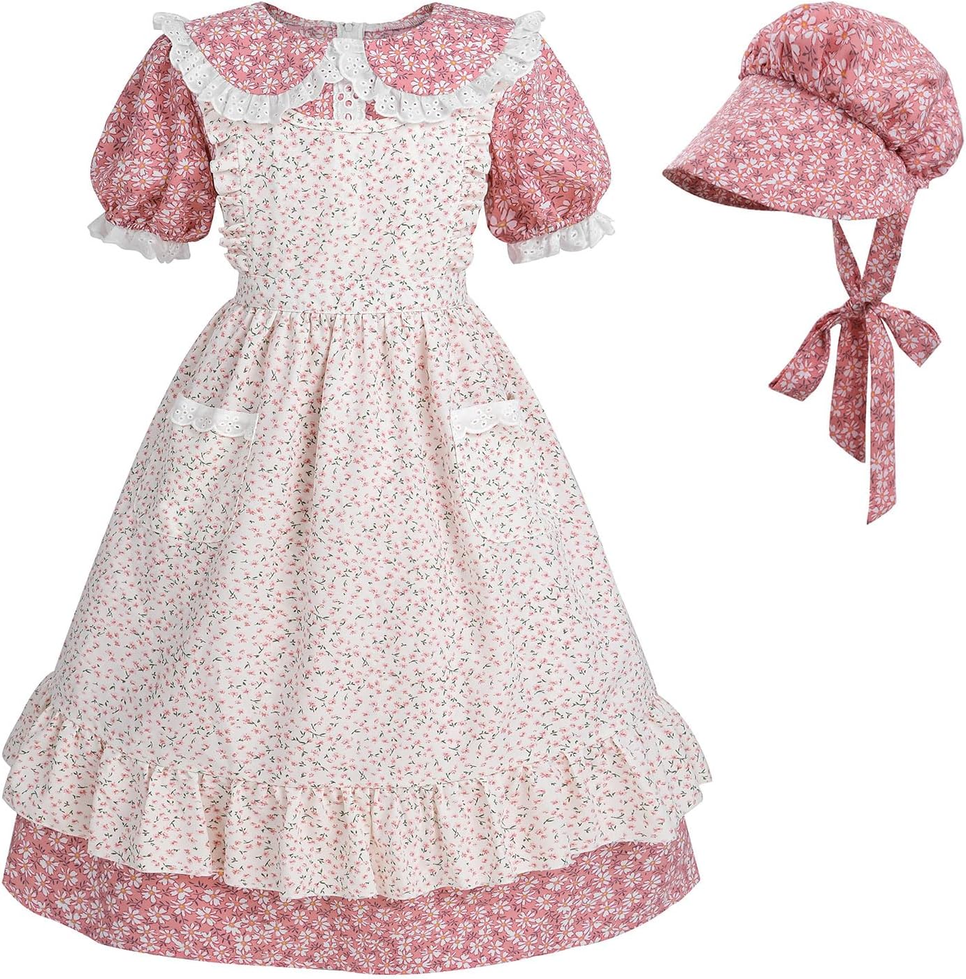 CR ROLECOS Prairie Dresses Girls Colonial Costume Pioneer Girl Dress with Floral Pinafore