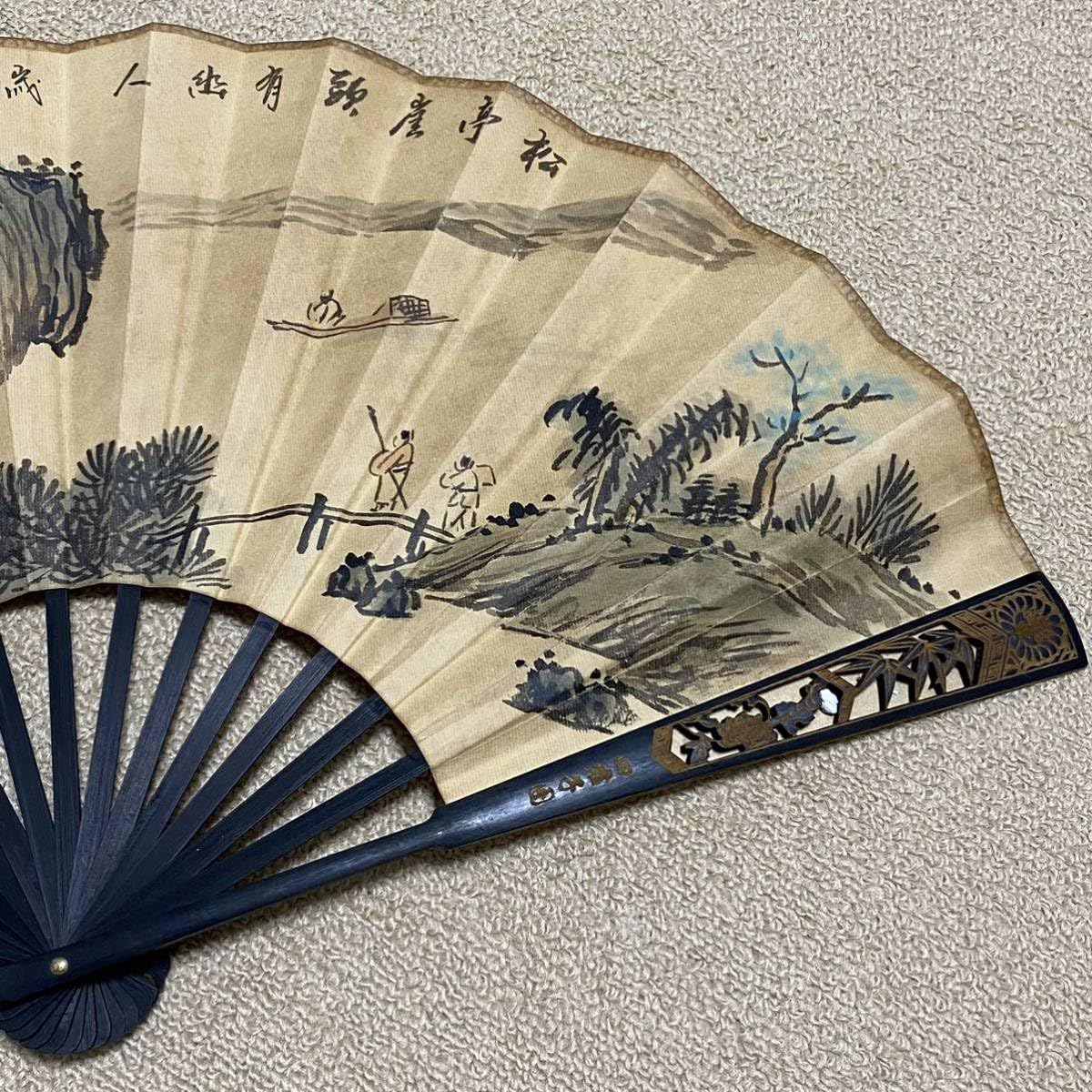 Amazon.co.jp: 旧家蔵出扇子清代名家呉宏山水扇面絵古美術古玩