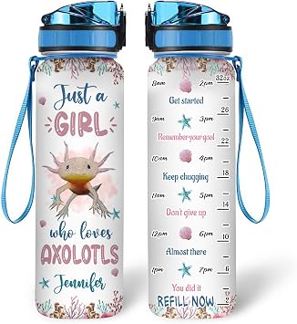 Hyturtle Personalized Axolotl Lovers 32 Oz 1Liter Motivational Water Bottle With Time Marker, Just A Girl Who Loves Axolotls, Sea Animal Lovers Gifts For Women, Girl On Birthday, Christmas