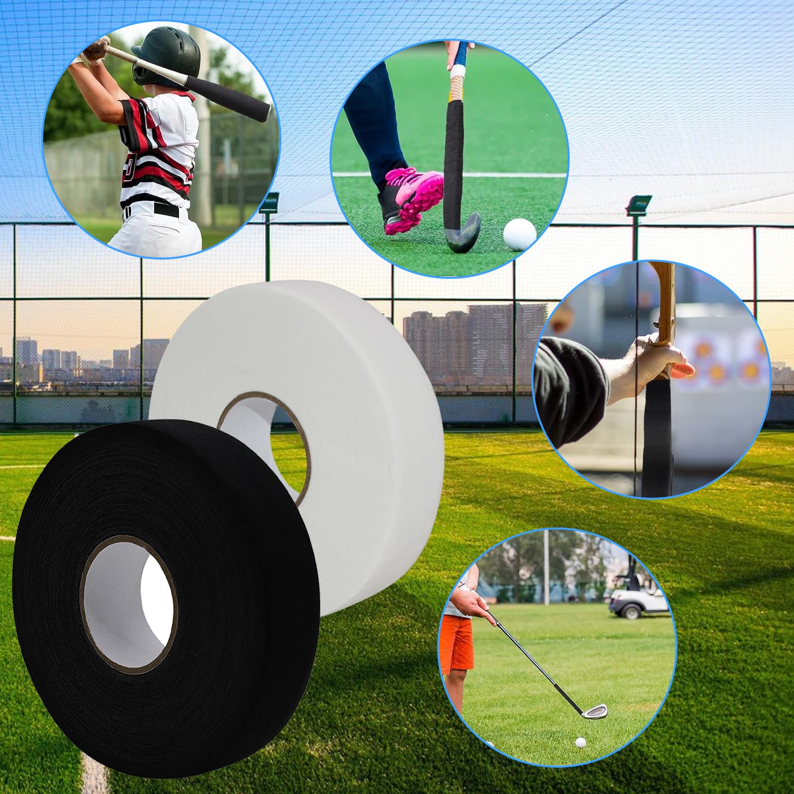 2 Rouleaux Ruban de Hockey Adhésif 25m x 25mm Tape Hockey sur Glace Ruban de Bâton de Hockey Antidérapant Tape Crosse de Hockey pour Raquette Tennis, Badminton (Noir, Blanc)