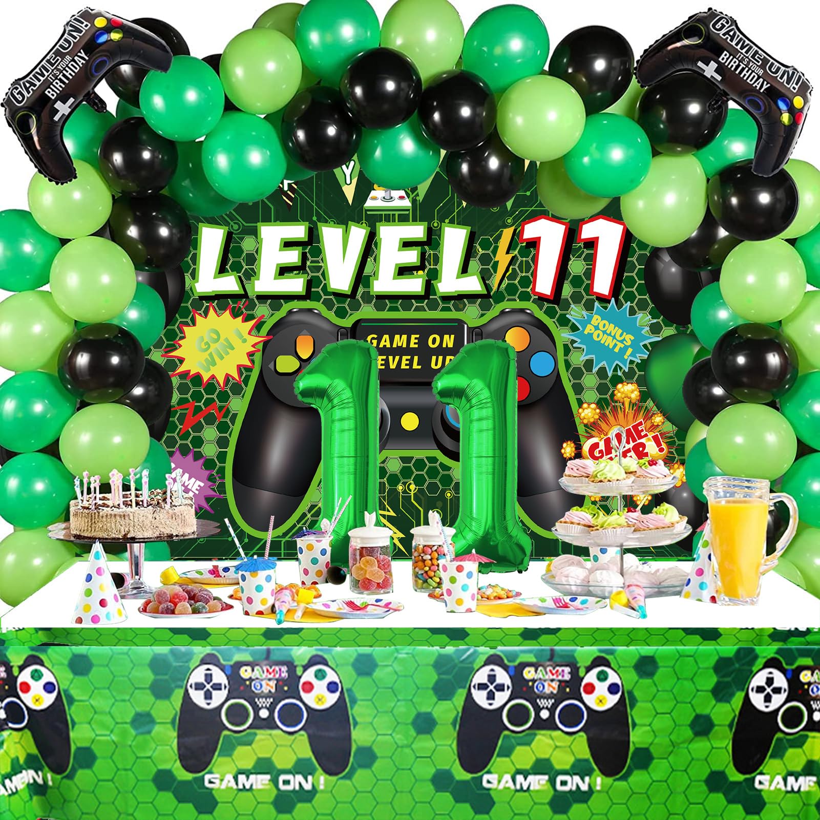 Vlipoeasn 90PCS Video Game Party Decorations for Boys Set - Green 11th Birthday Supplies - Video Game Backdrop, Balloons, Tablecloth, Gamer and 9 Foil