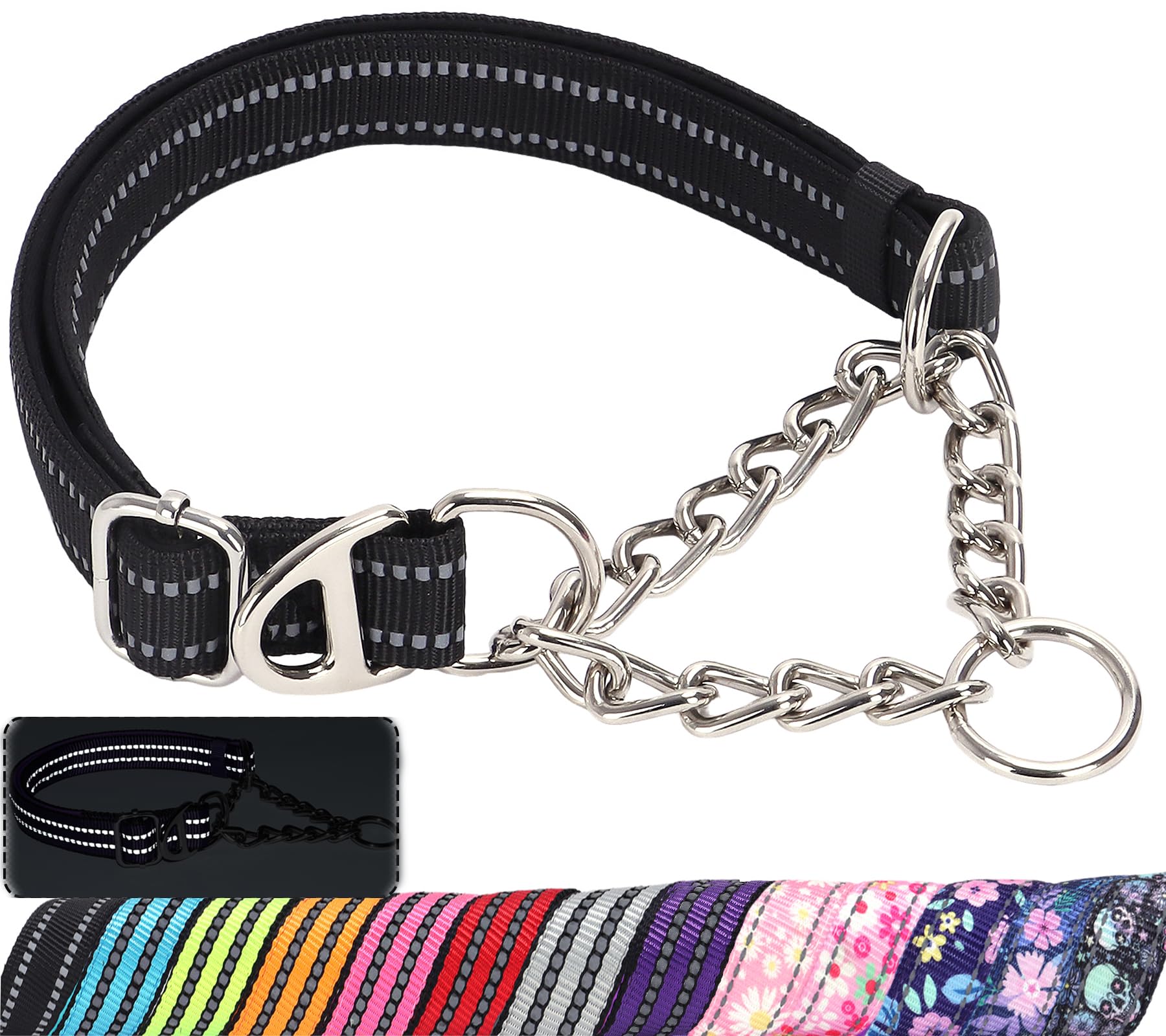 Reflective Martingale Collar for Dogs with Steel Chain, Adjustable No Pull Dog Training with Soft Padded for Large Breed Dogs, Medium, XL, XXL Walking