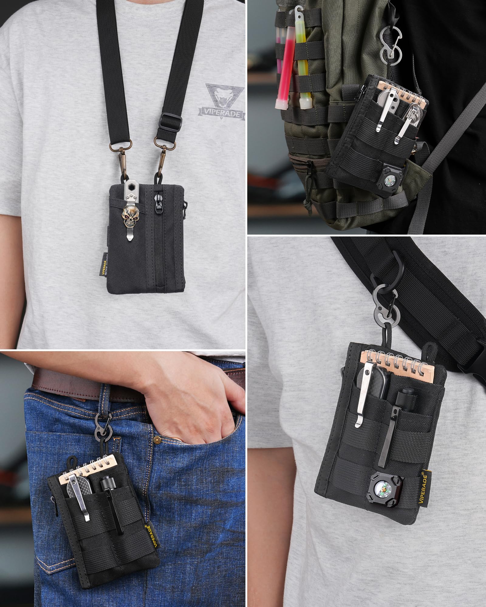VIPERADE VE18N-M Pochette EDC, portefeuille de poche avec 3 emplacements EDC + 2 poches zippées, 1 grande poche pour ordinateur portable ou téléphone portable, organiseur de poche EDC fin pour homme