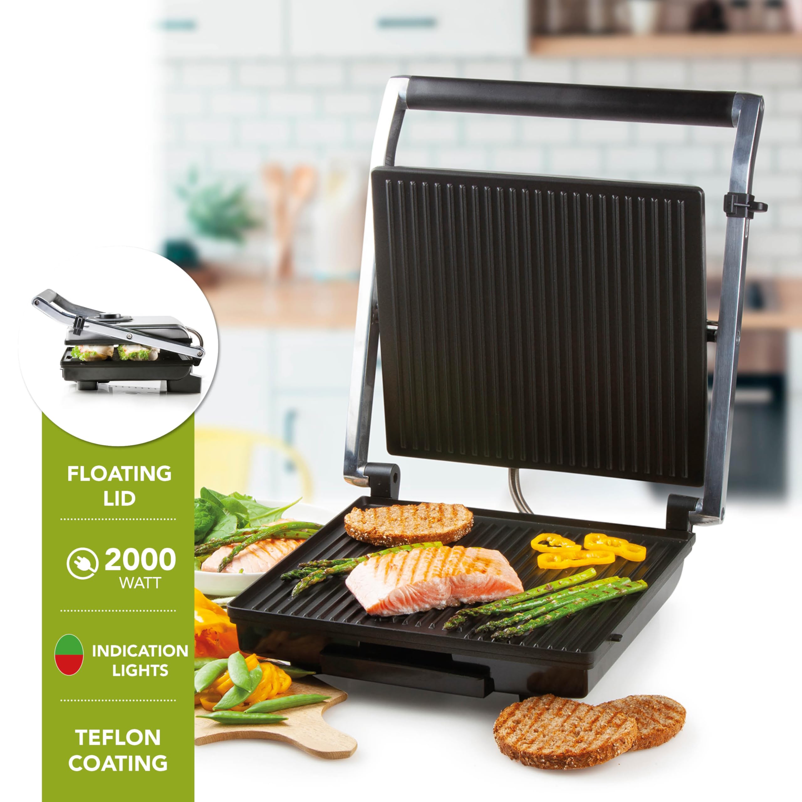 DOMO Kontaktgrill – 2000 W, Panini Grill, Thermostat, Edelstahl