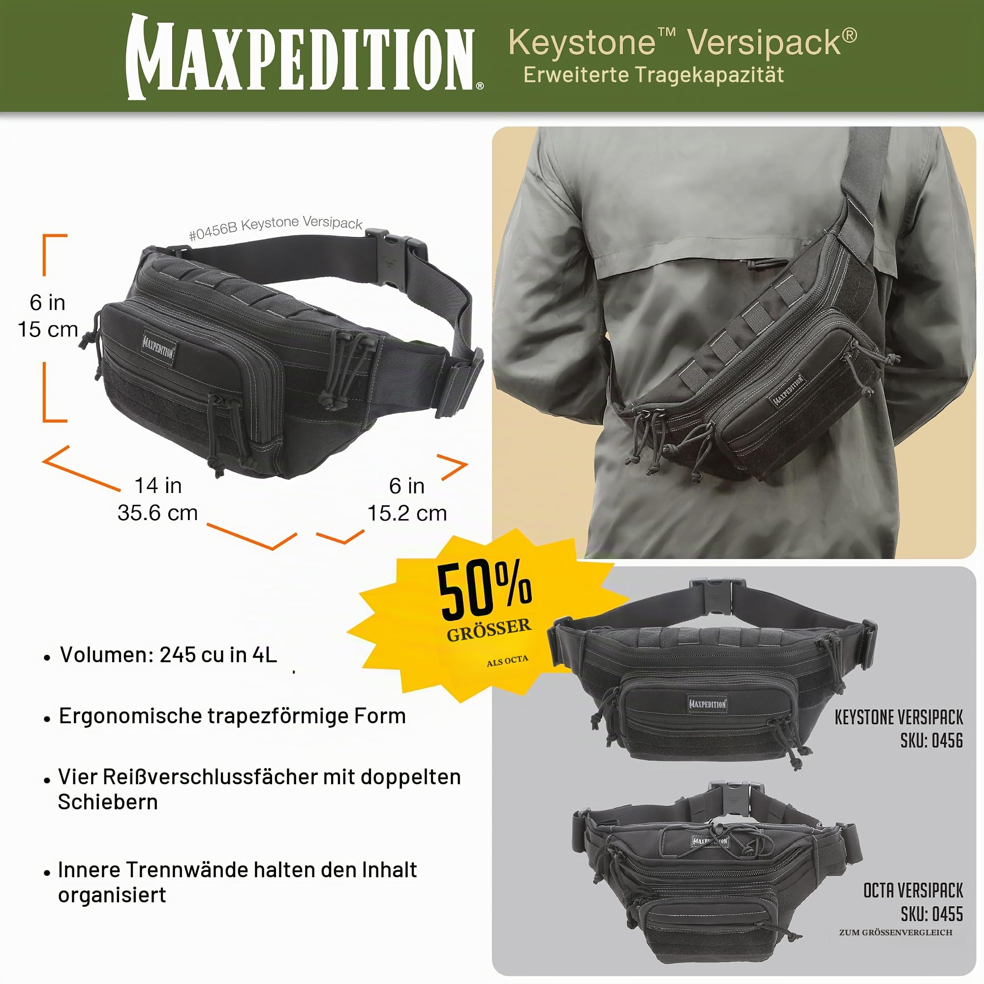 Maxpedition Keystone Versipack (35,6 x 15,2 x 15,2 cm), Taktische Umhängetasche, Bauchtasche für den täglichen Gebrauch, Schwarz 0456B