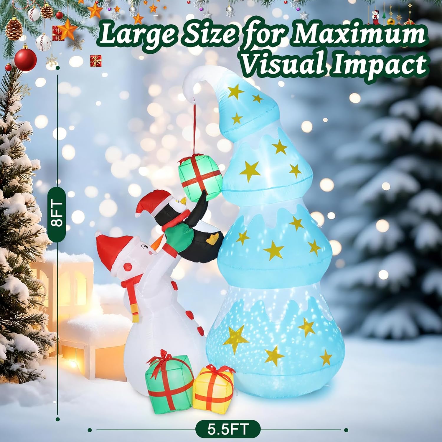Christmas Inflatables Decorations Outdoor, 8FT Christmas Tree with Snowman & Penguin, Blow Up Winter Tree with Built-in LED Lights, Inflatable Yard Decor for Xmas Garden Lawn Party