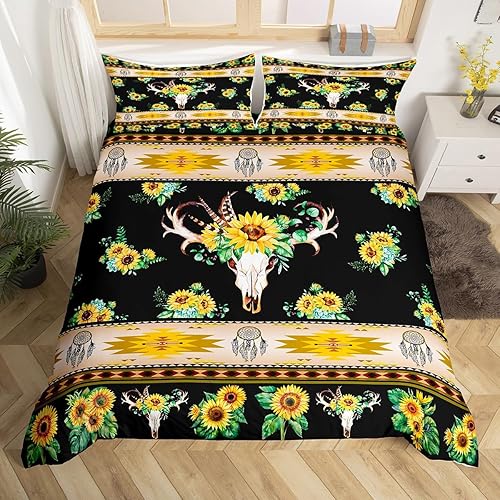 Erosebridal Juego de ropa de cama occidental tamaño Queen, funda de edredón de calavera de toro de girasol, funda de edredón de flores bohemias,