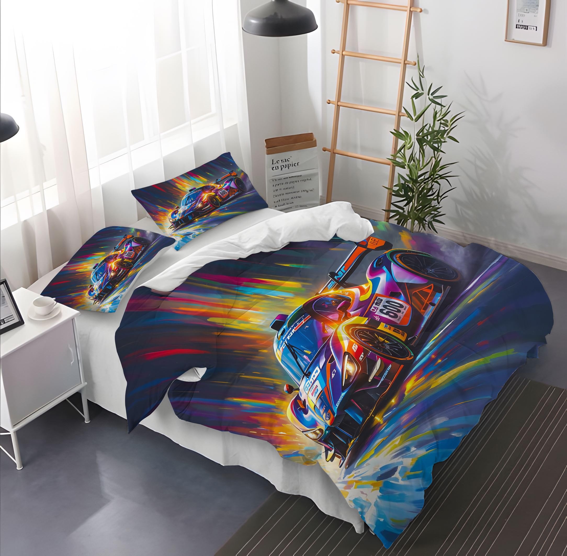 Copripiumino auto da corsa 135 x 200 cm per bambini, set da letto, auto da corsa, sport estremi, copripiumino in microfibra + 2 federe 50 x 75 cm (PC4)