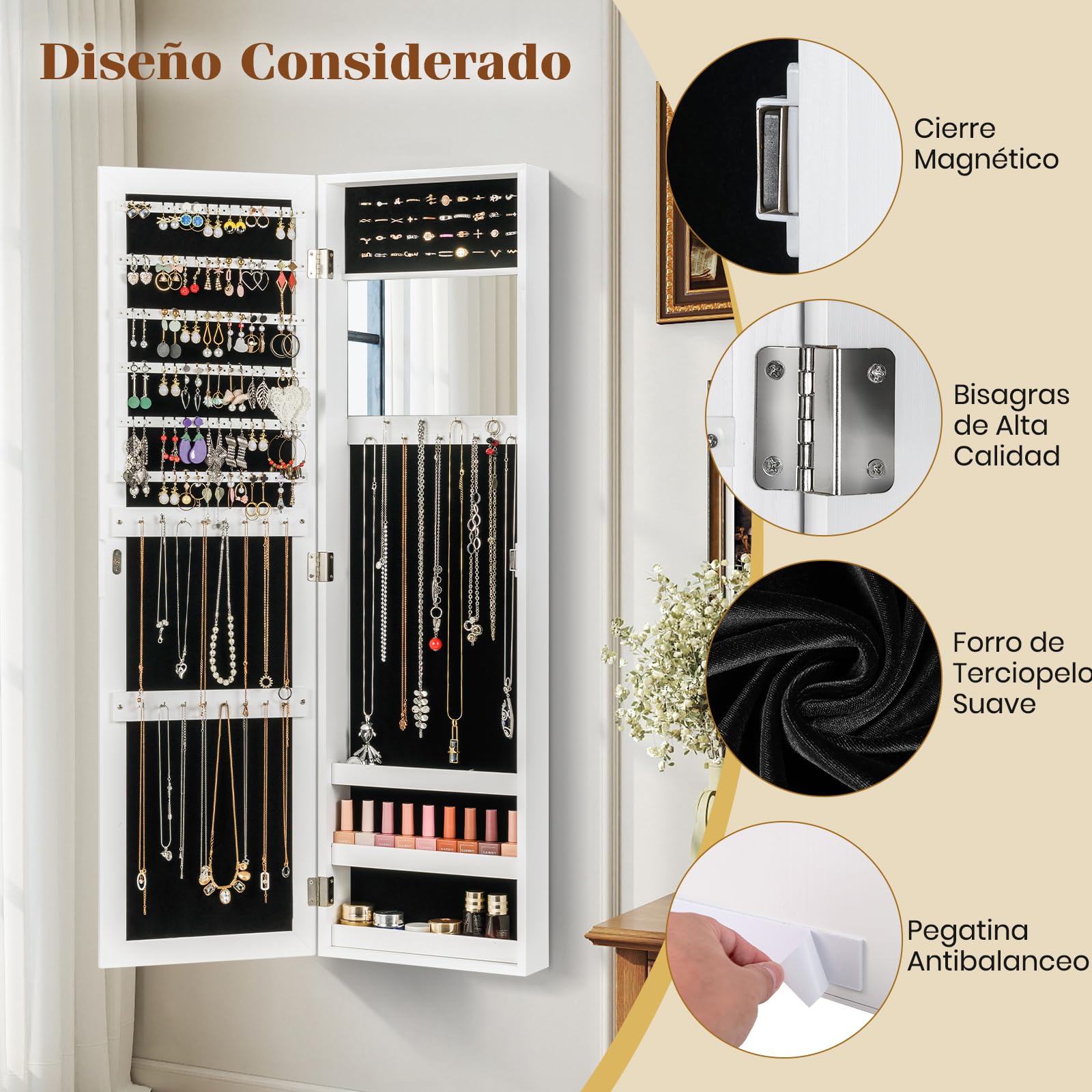 COSTWAY Armario Joyas Espejo Puerta Organizador Cuerpo Entero Maquillaje Incorporado Ganchos 3 Estantes Almacenamiento Blanco