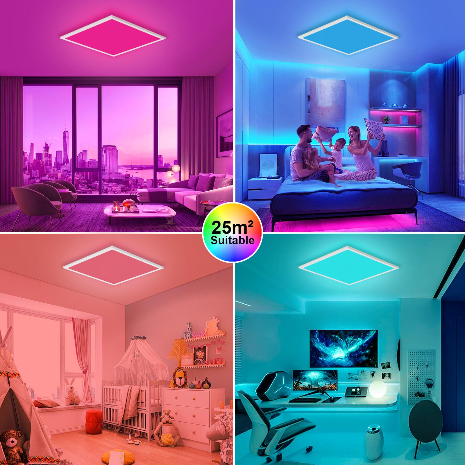 Oraymin LED Panel Deckenleuchte RGB, 45x45 cm Deckenlampe Dimmbar mit Fernbedienung, 28W 3100LM LED Panel Farbwechsel, Speicherfunktion, 3000K-6500K Quadrat Lampe für Wohnzimmer Schlafzimmer