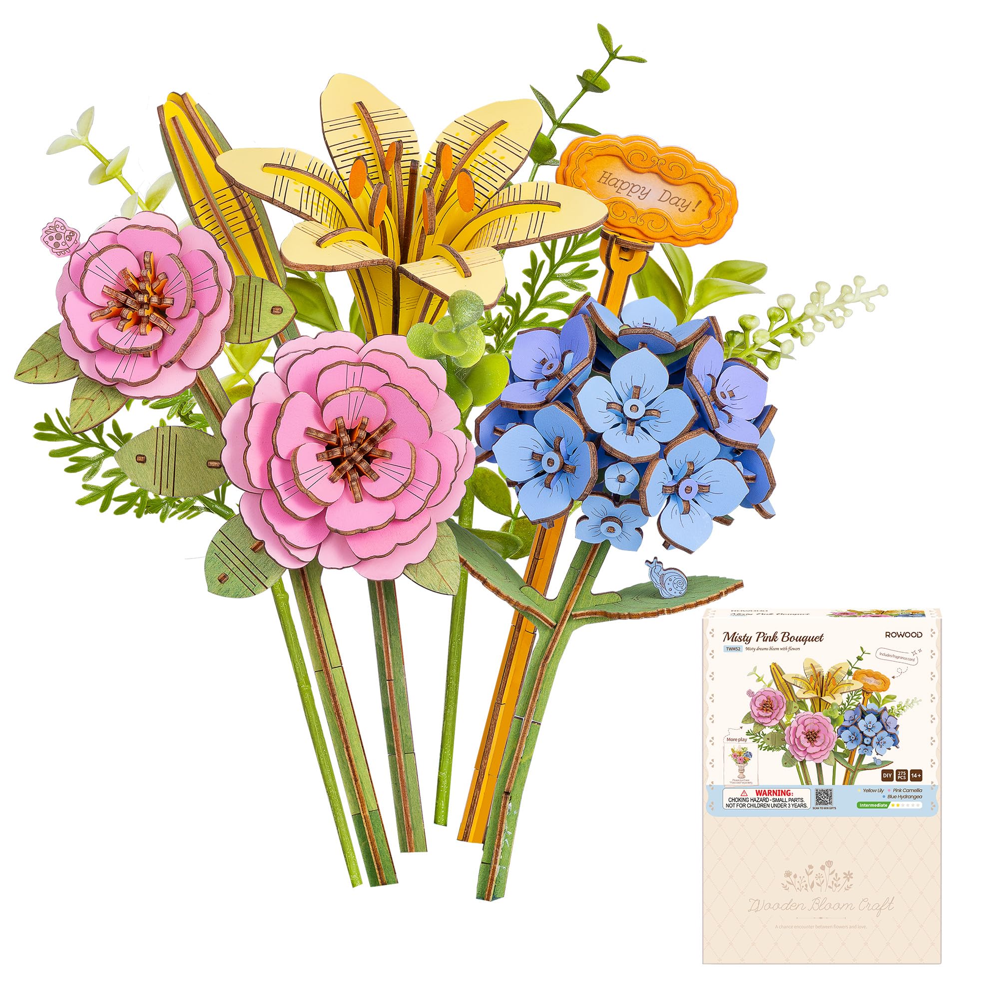 ROWOOD 3D Wooden Puzzle Misty Pink Bouquet, DIY Flower Model Kit