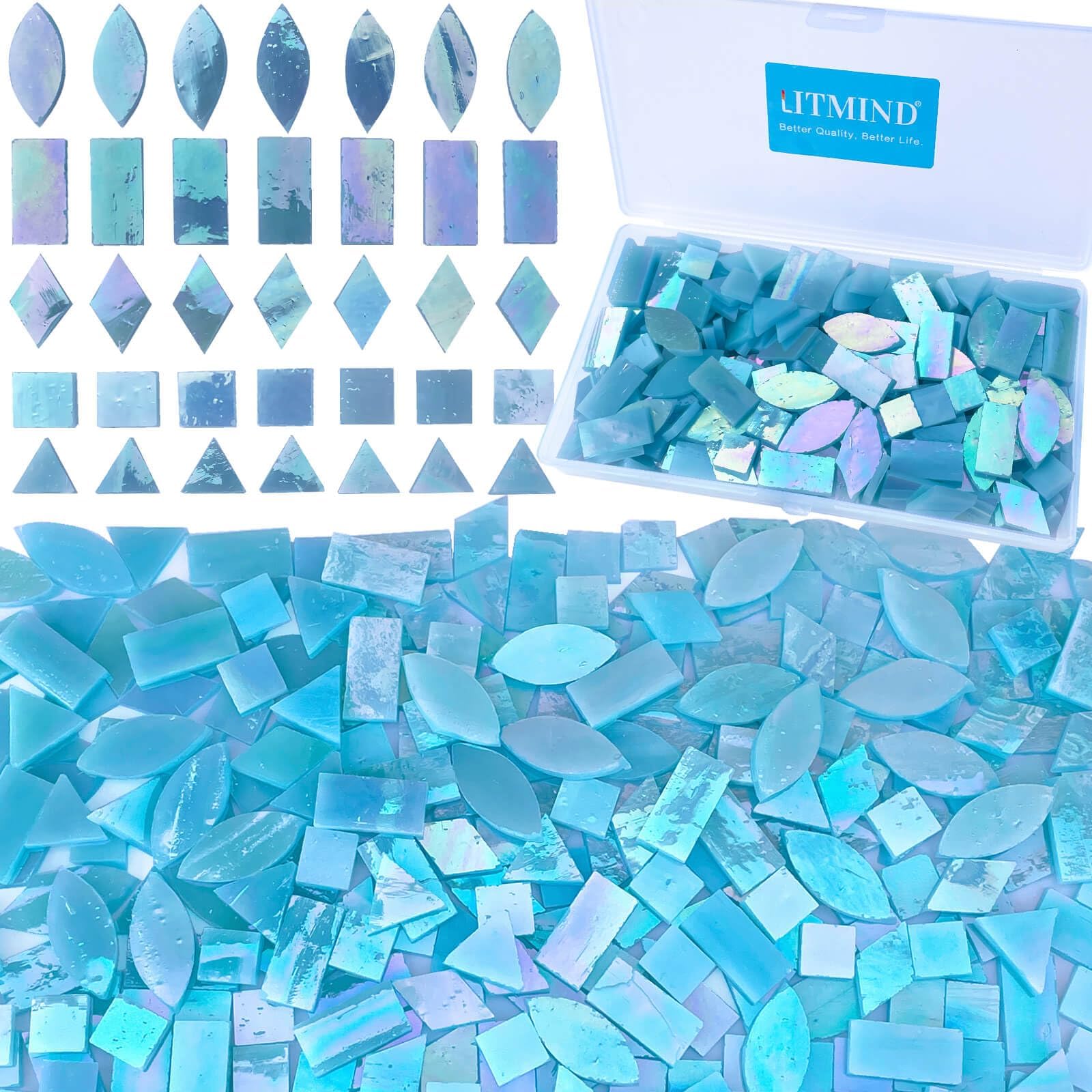 Iridescent Glass Mosaic Tiles for Crafts, 240 Pieces 5 Shapes Mixed Stained Glass Sheets, Mosaic Kits for Adults (Iridescent Aqua)