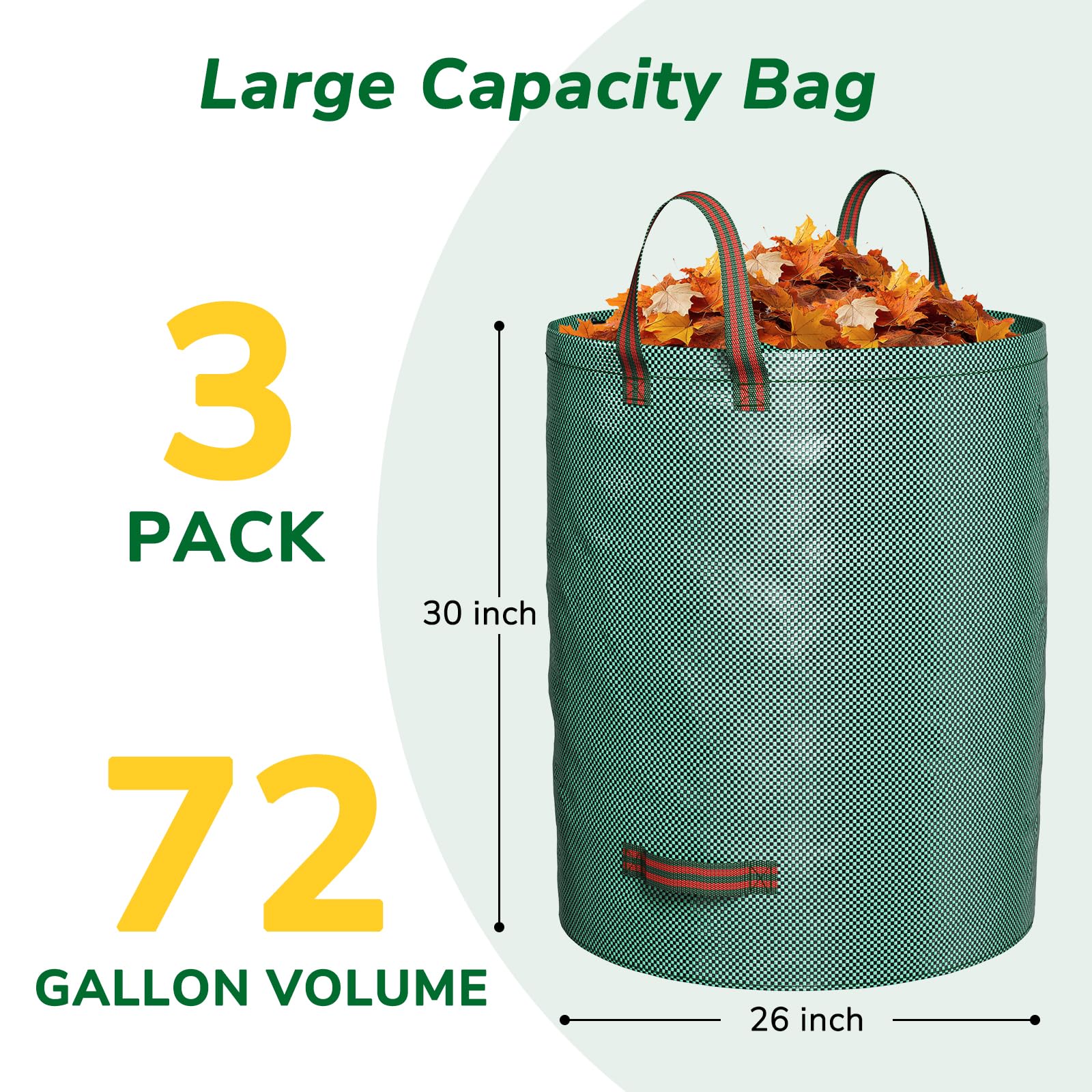 GreatBuddy Bolsa de basura reutilizable de 72 galones, resistente, bolsas de césped verticales con 4 asas reforzadas para recoger hojas de jardín y residuos, ligera y portátil (paquete de 3)