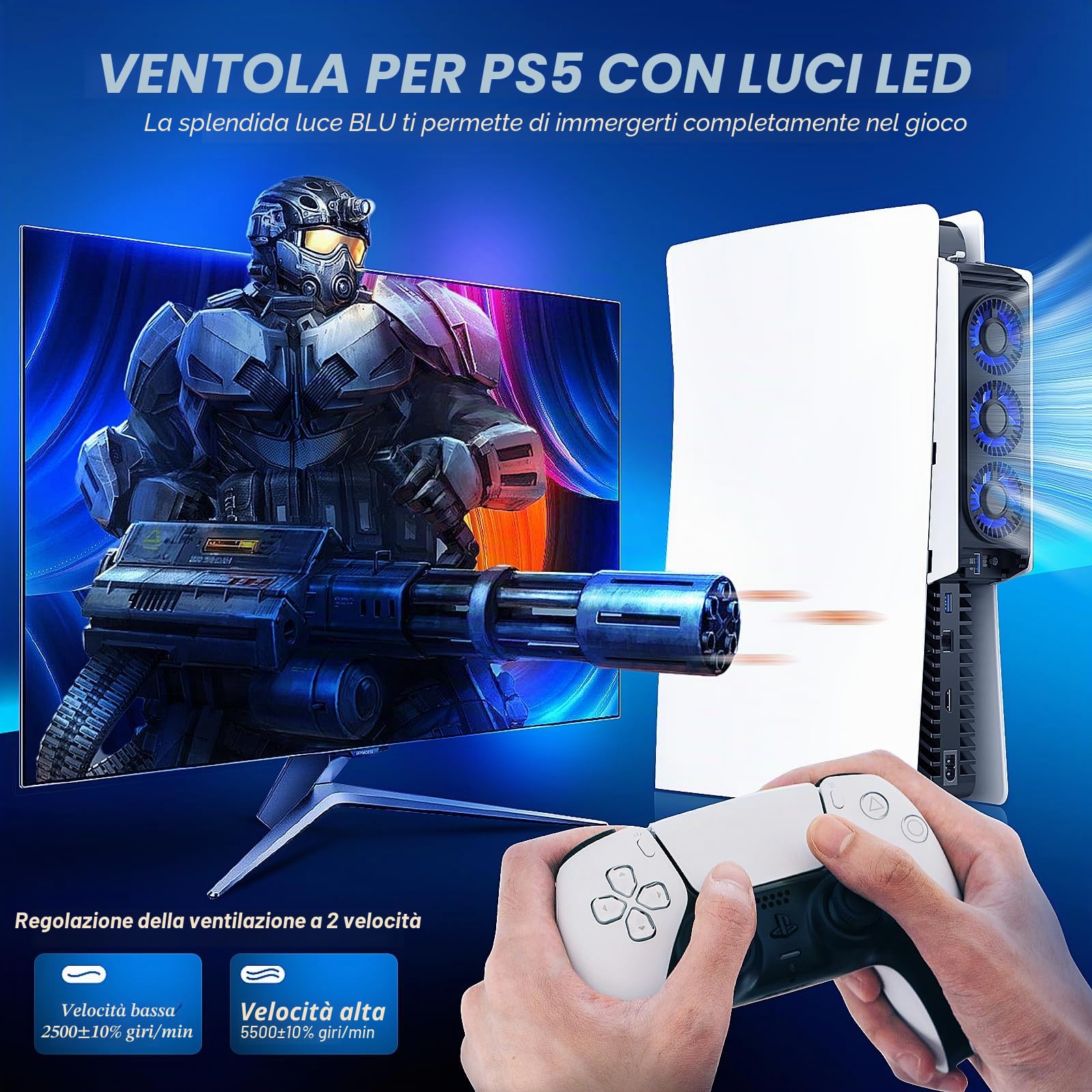 Ventola di Raffreddamento per PS5, Ventola per PS5 con Luce LED HUIJUTCHEN Silenziosa Ventola di Raffreddamento con 3 ventole e controller porta USB velocità Regolabile delle ventole (Bianco)