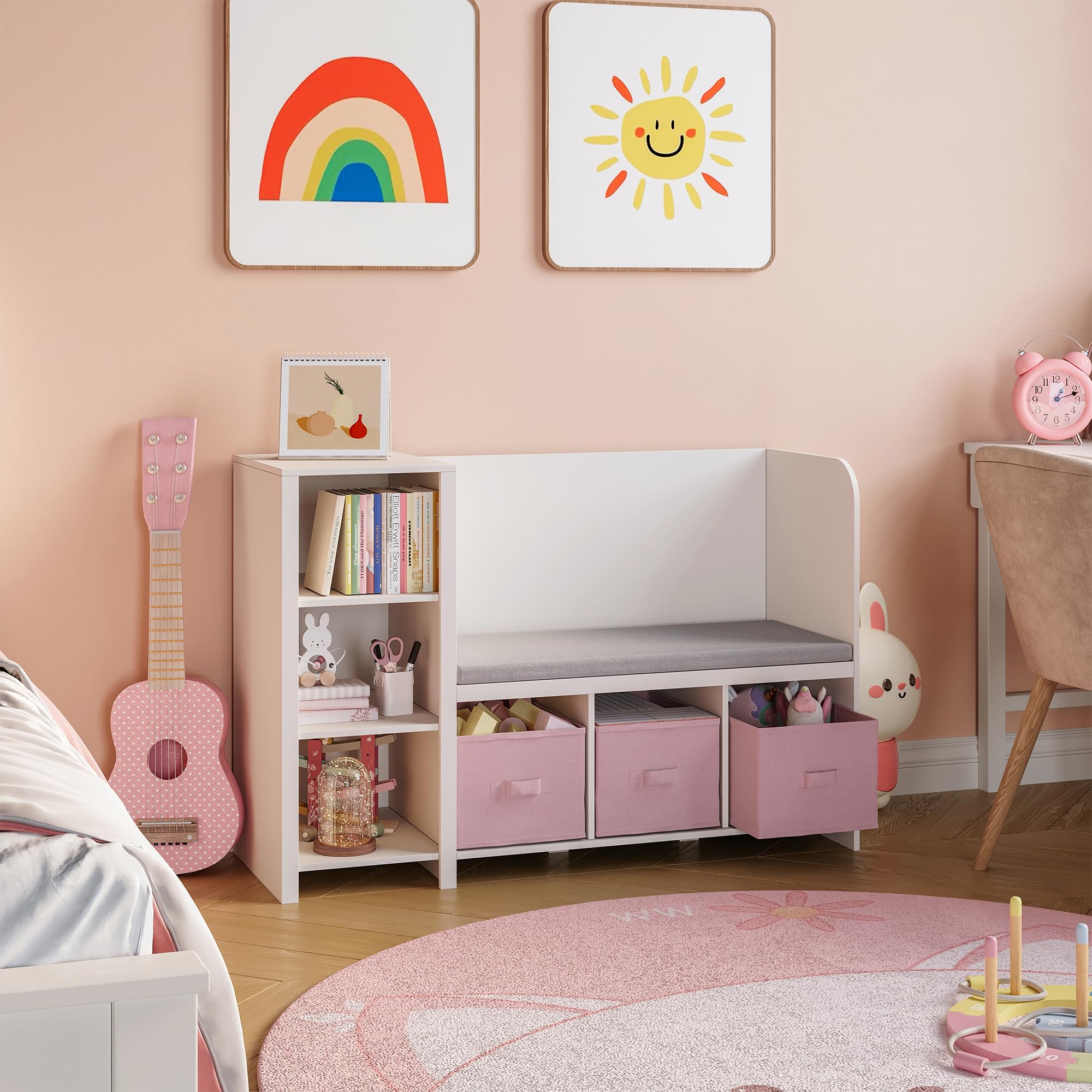 [en.casa] Kindersitzbank mit Regal Høylandet Sitzbank mit Stauraum Kinderregal mit 3 Aufbewahrungsboxen Kinderzimmer 76 x 112 x 40 cm Schuhbank mit Sitzfläche Weiß/Rosa