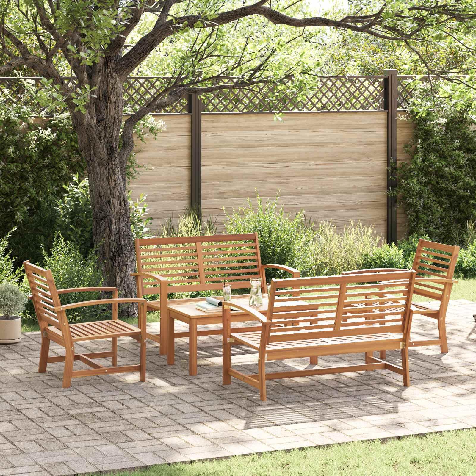 Ensemble de canapé de jardin 5 pièces en teck massif de couleur marron unie avec coussins amovibles pour terrasse - Salon de jardin moderne en teck marron