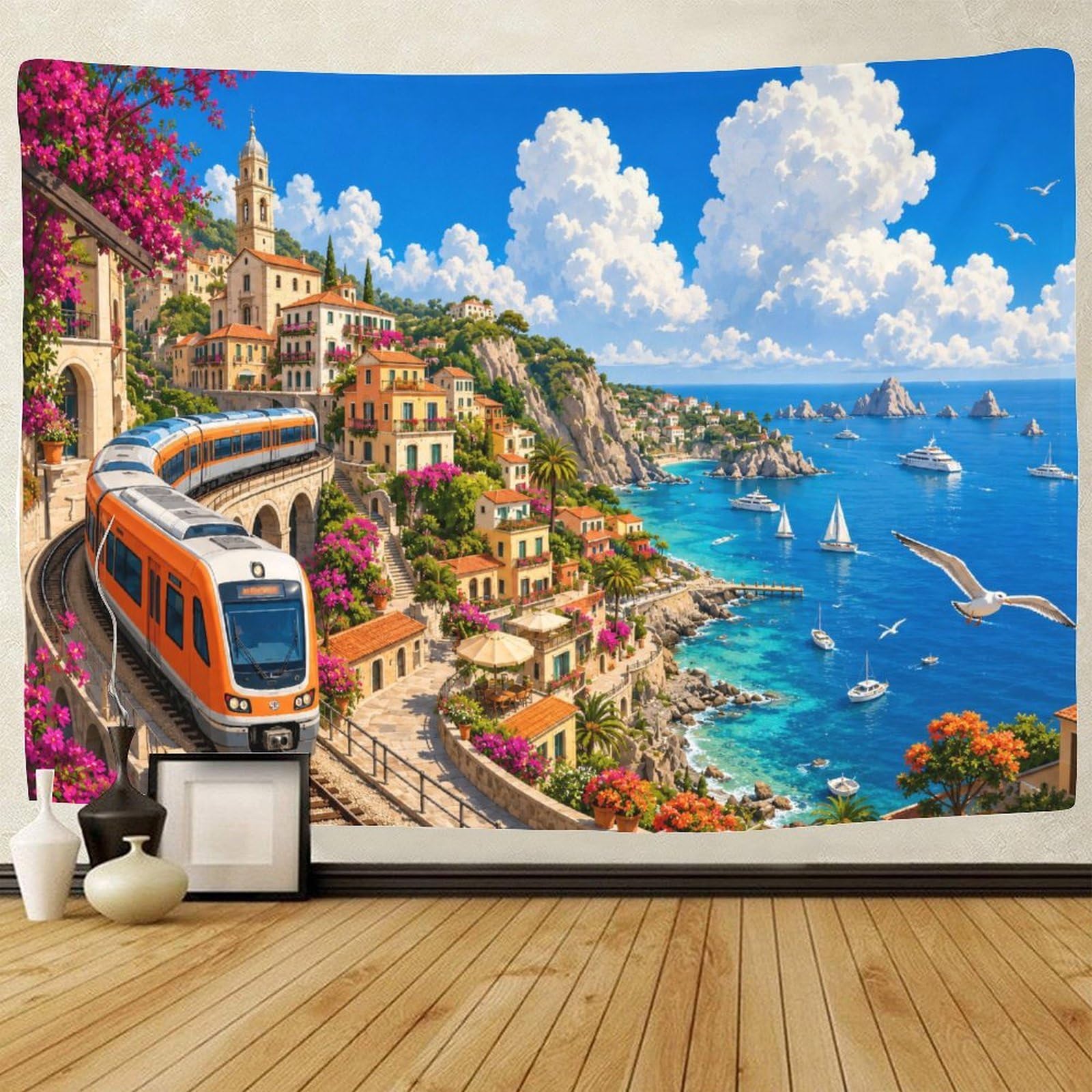 GPMNBCXZK Amalfi Coast Train 3D Print Tapestry for Bedroom Wall Hanging Decor Tapestries Poster Home Decoration Living Room Dorm 100cmx150cm