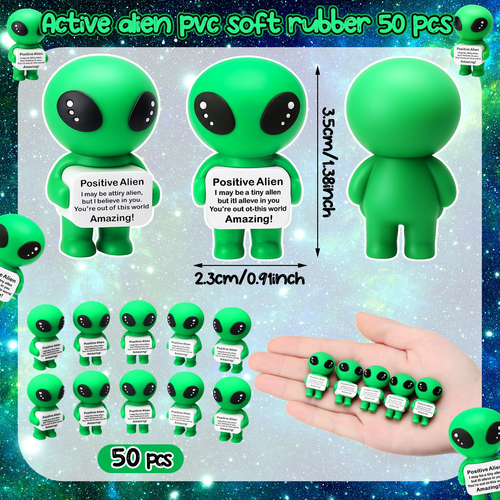 Soulchen 50 Pcs Employee Inspirational Gifts Mini Cool Alien Animal Decor Positive Rubber Alien for Daily Encouragement Self Affirmation UFO Geeky Decor
