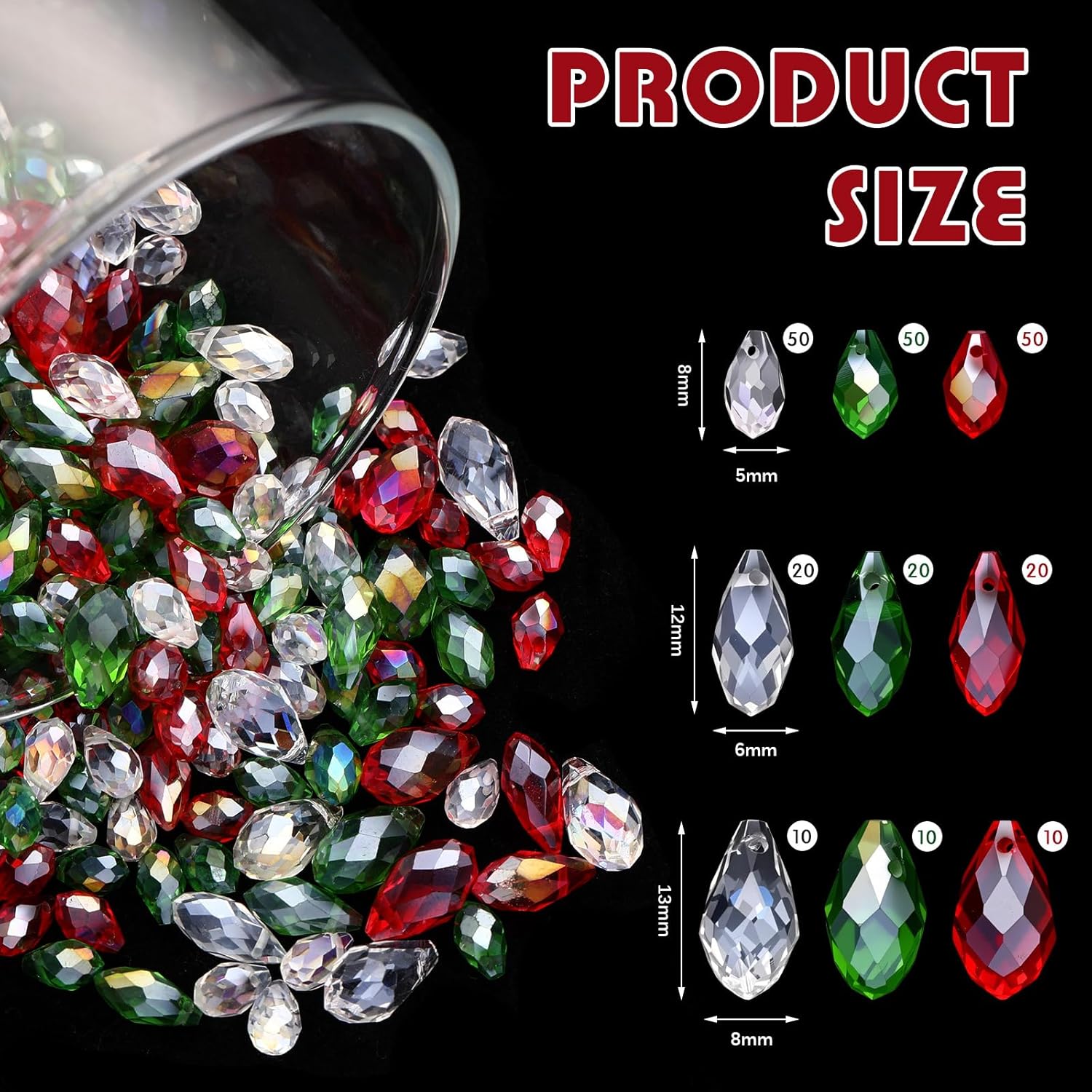 Kigeli 240 Pcs Red Green White Teardrop Beads for Jewelry Making, Vertical Hole Tear Drop Bead Crystal Glass AB Faceted Spacer Beads for DIY Earring Necklace Bracelet Crafts - Image 2