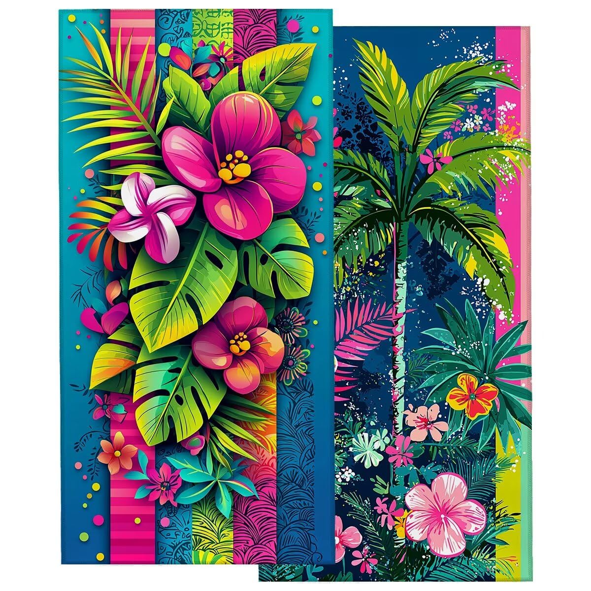 Ręcznik plażowy z mikrofibry, duży ręcznik kąpielowy 100 x 220 cm, zestaw 2 szt. szybkoschnących prześcieradeł kąpielowych w kwiaty, odporny na piasek ręczniki plażowe z mikrofibry do podróży