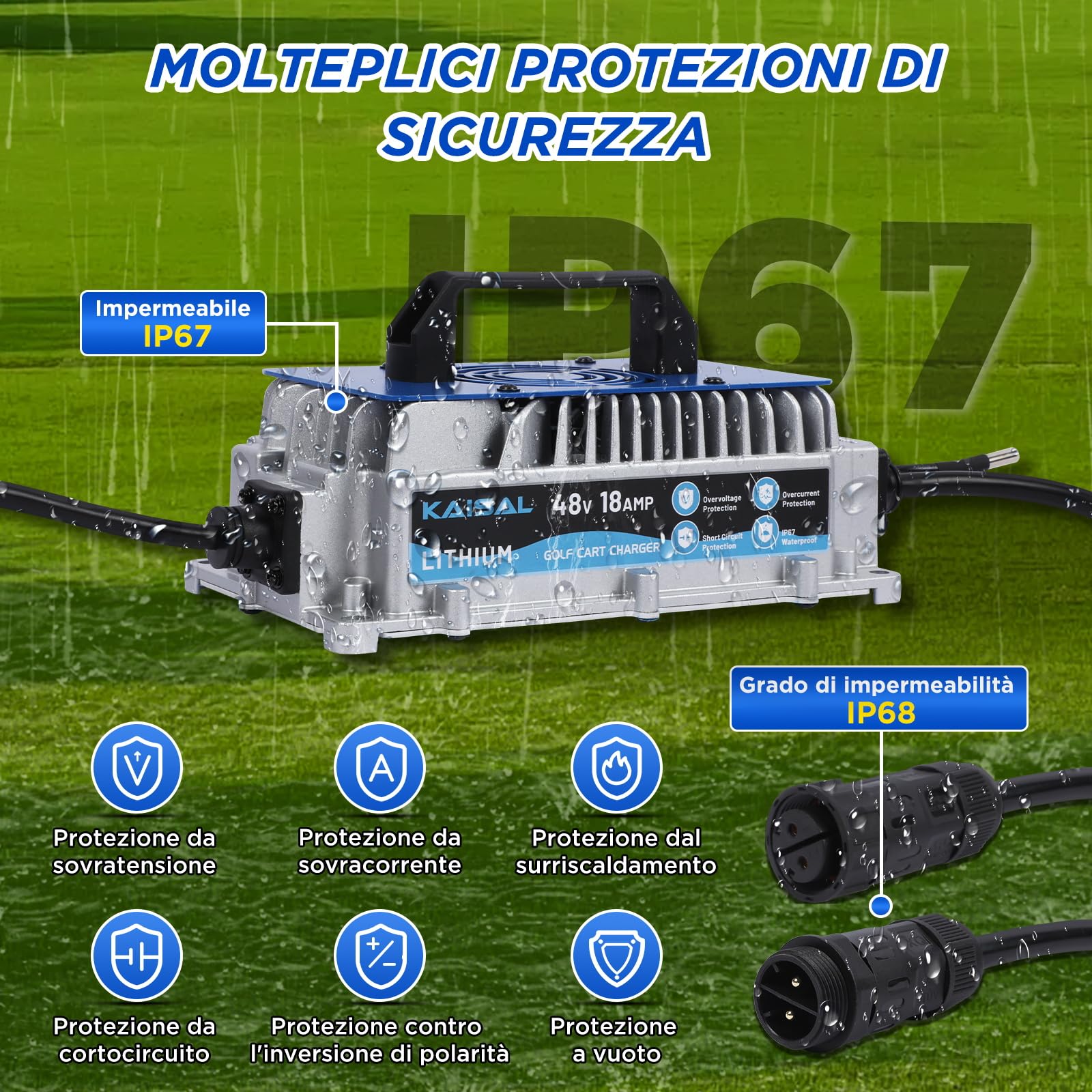 KAISAL Caricabatterie per Batterie Litio 58.4 V 18 A, Caricabatterie per Batterie al Litio da 48 V (51,2 V), è Impermeabile IP67 Carica per Batteria LiFePO4 per Golf Cart, Barca, Camper, Solare