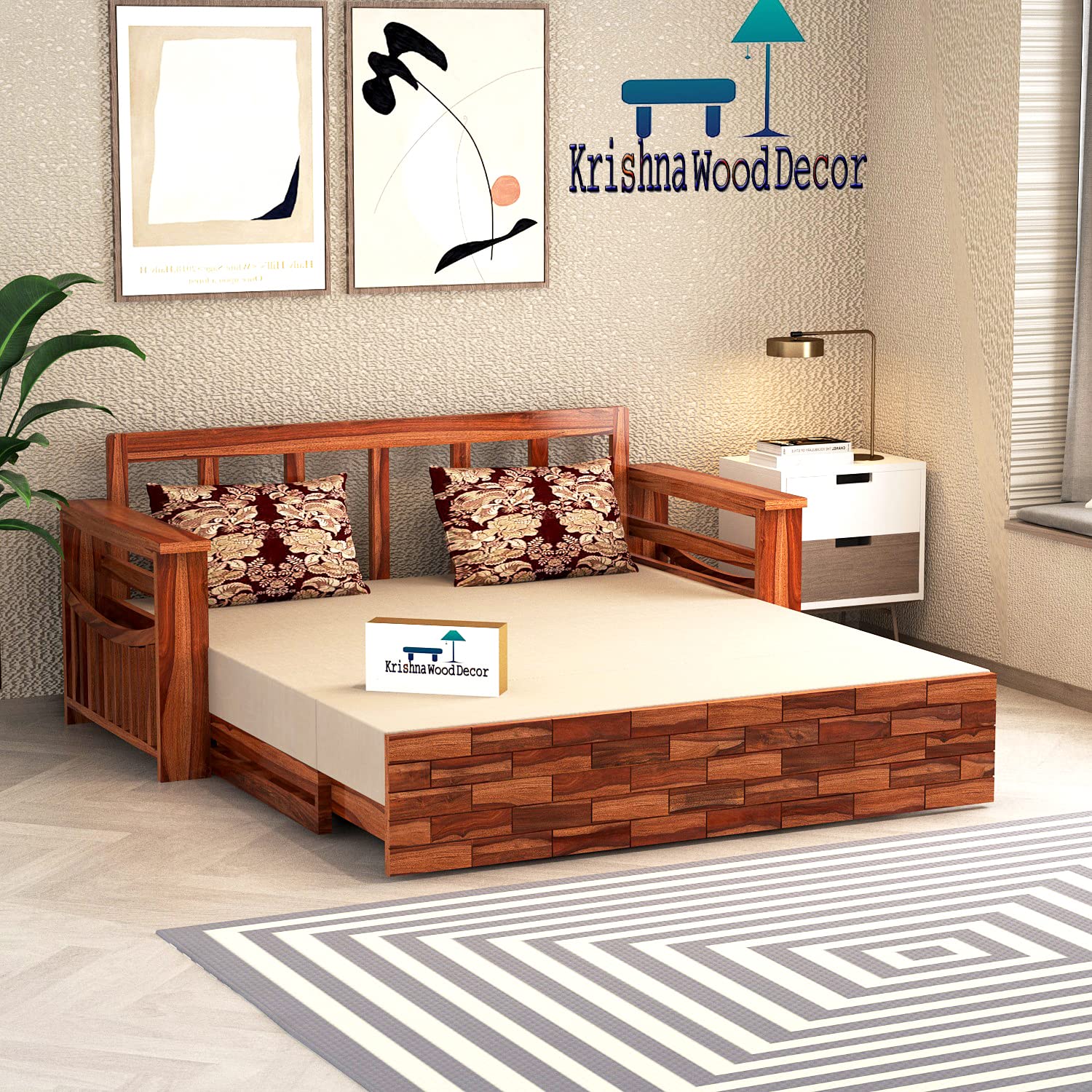 Solid Sheesham Wood Convertible 3 Seater Sofa Cum Bed with Headboard and Storge Armrest, Folding Dubole Bed for Home Living Guest and Office Areas-image-28