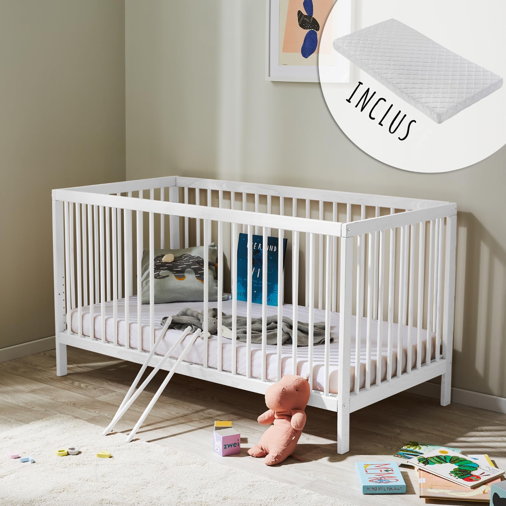 Kids Collective Lit bébé évolutif 60x120 70x140 cm Matelas Sommier hêtre Massif Blanc