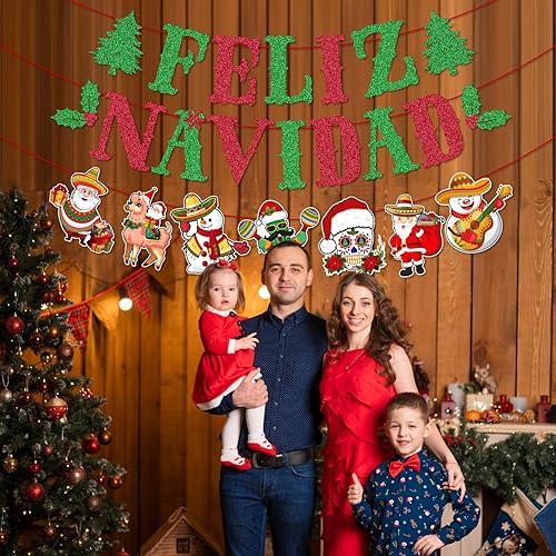 Miniatura 2 de Glittery Feliz Navidad Banner Red Green Mexican Christmas Decorations Mexican Christmas Decorations, Indoor Feliz Navidad Backdrop Posadas Navideñas