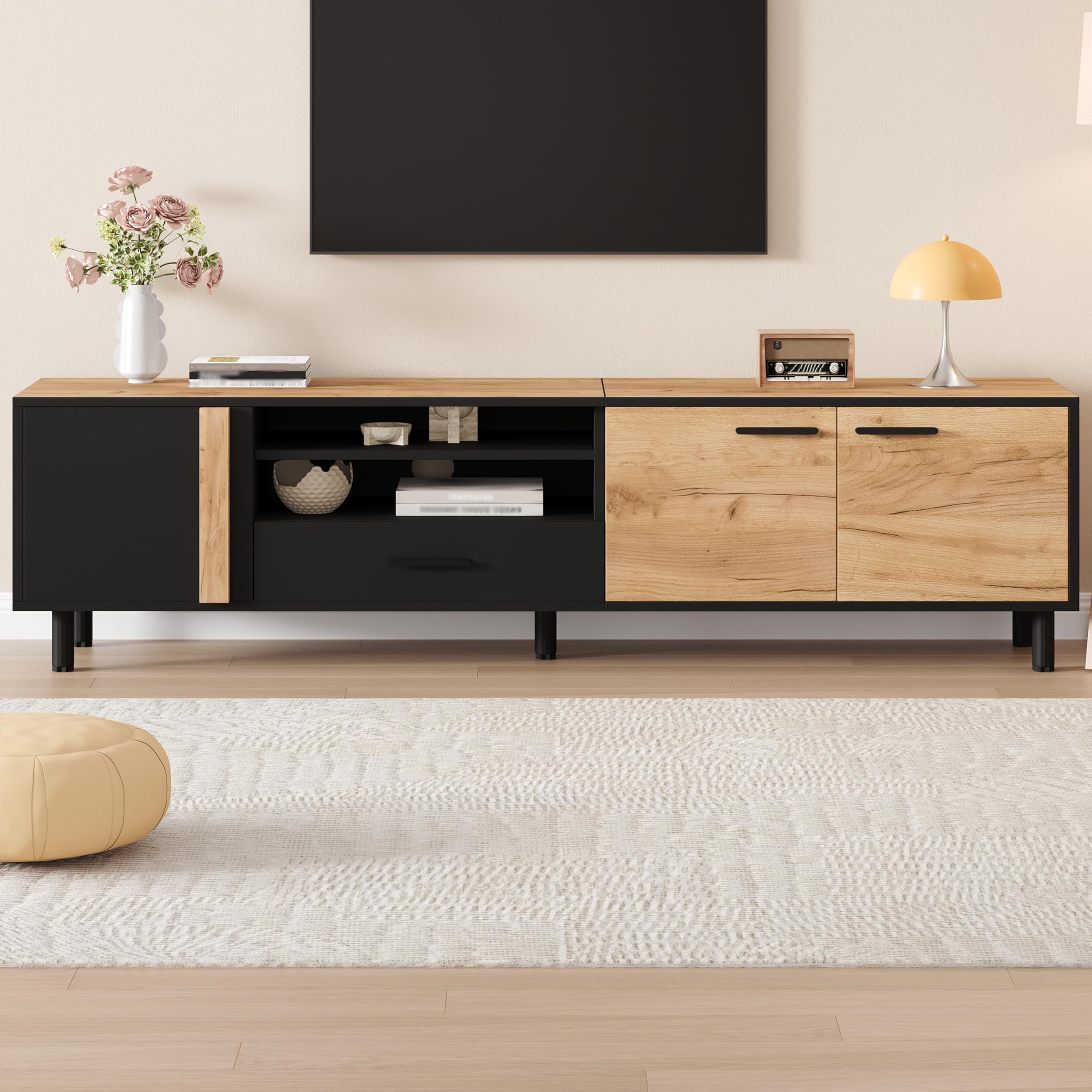 FammyLoft 180cm TV Units for TVs up to 75 Inch, Modern TV Cabinet with Drawer & Storage Cabinets, Industrial Oak and Black TV Stand, Wooden Lowboard Entertainment Centre for Living Room