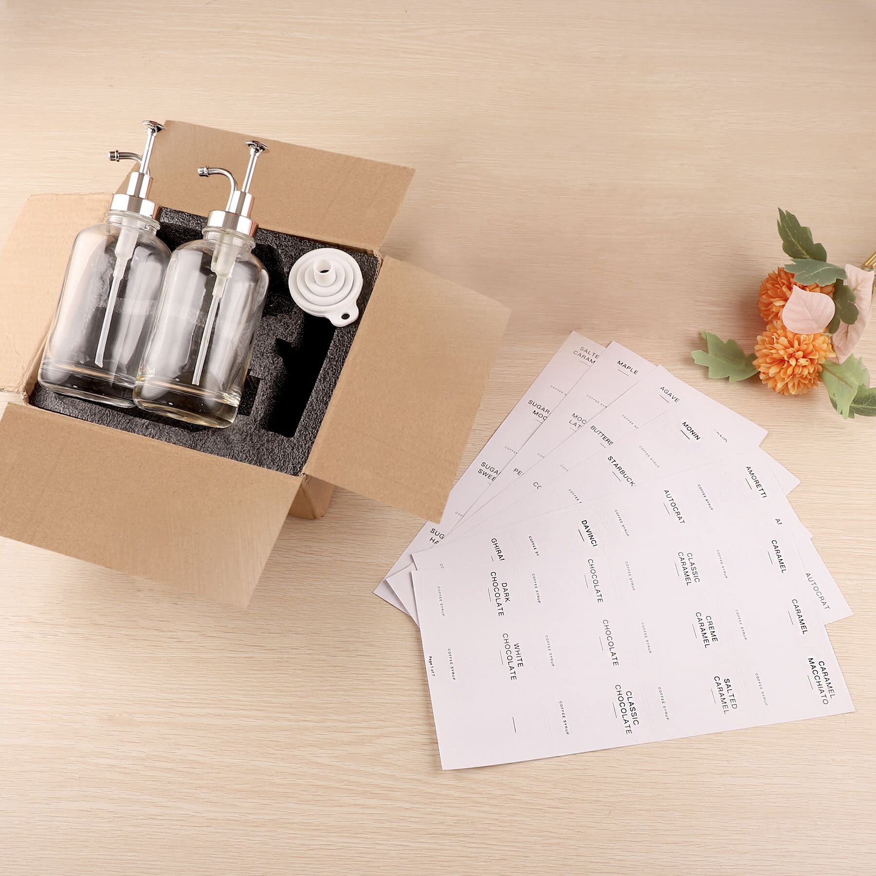 Szklany dozownik syropu kawowego do baru kawowego z 84 etykietami (zestaw 2), fantazyjna butelka z pompką do akcesoriów do baru kawowego, 480 ml, srebrny