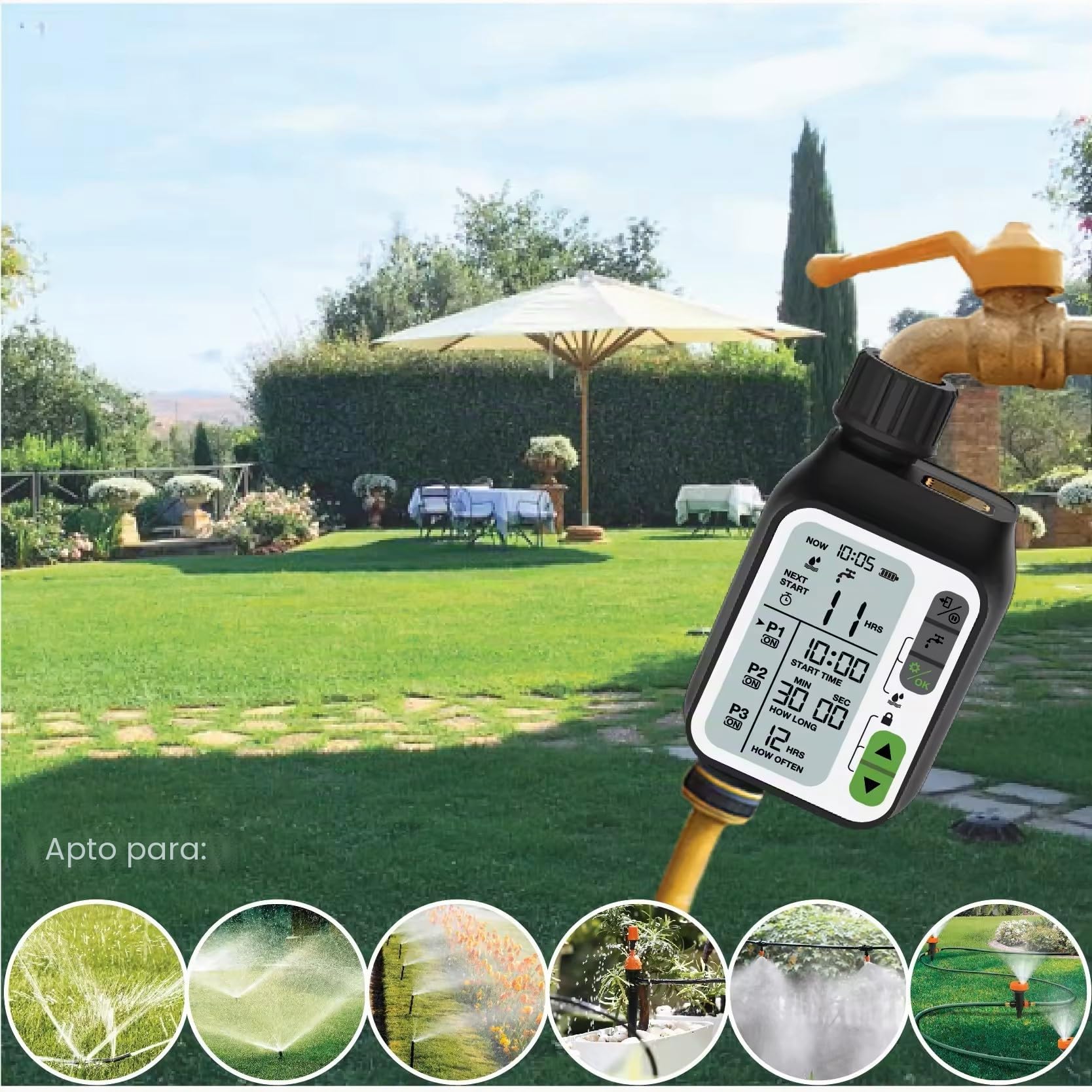 Temporizador de Riego con Sensor de Lluvia, 3 Programas, Pantalla LCD 3.5", IPX5 Resistente al Agua, Toma de 1/2"-3/4" para Jardín, Huerto, Cesped (Mod.355_Digital 3 Programs & Rain Sensor)