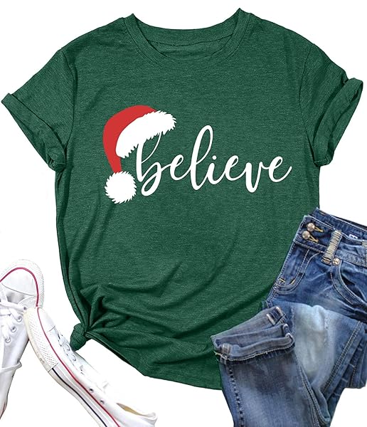 Believe Christmas Shirt for Women Christmas Tree Graphic T-Shirts Believe Letter Print Tees Holiday Tops