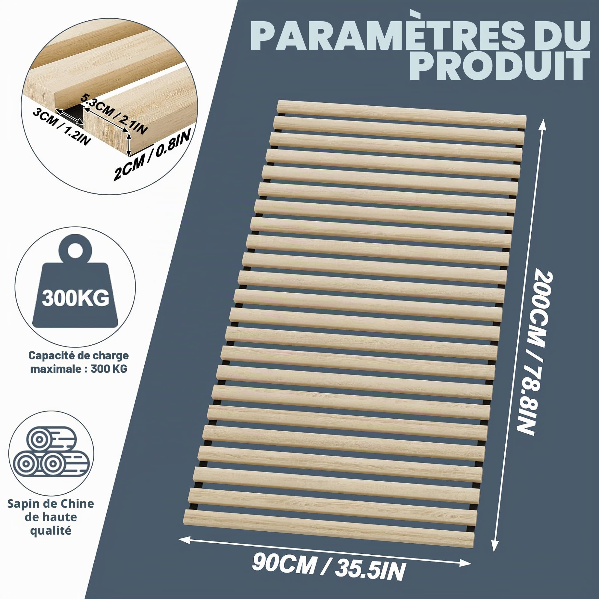ACXIN Sommier à lattes roulant de qualité supérieure - 23 lattes en épicéa massif - 90 x 200 cm - Charge maximale : 300 kg - Lattes en bois avec élastique noir inclus - Pour tous les matelas