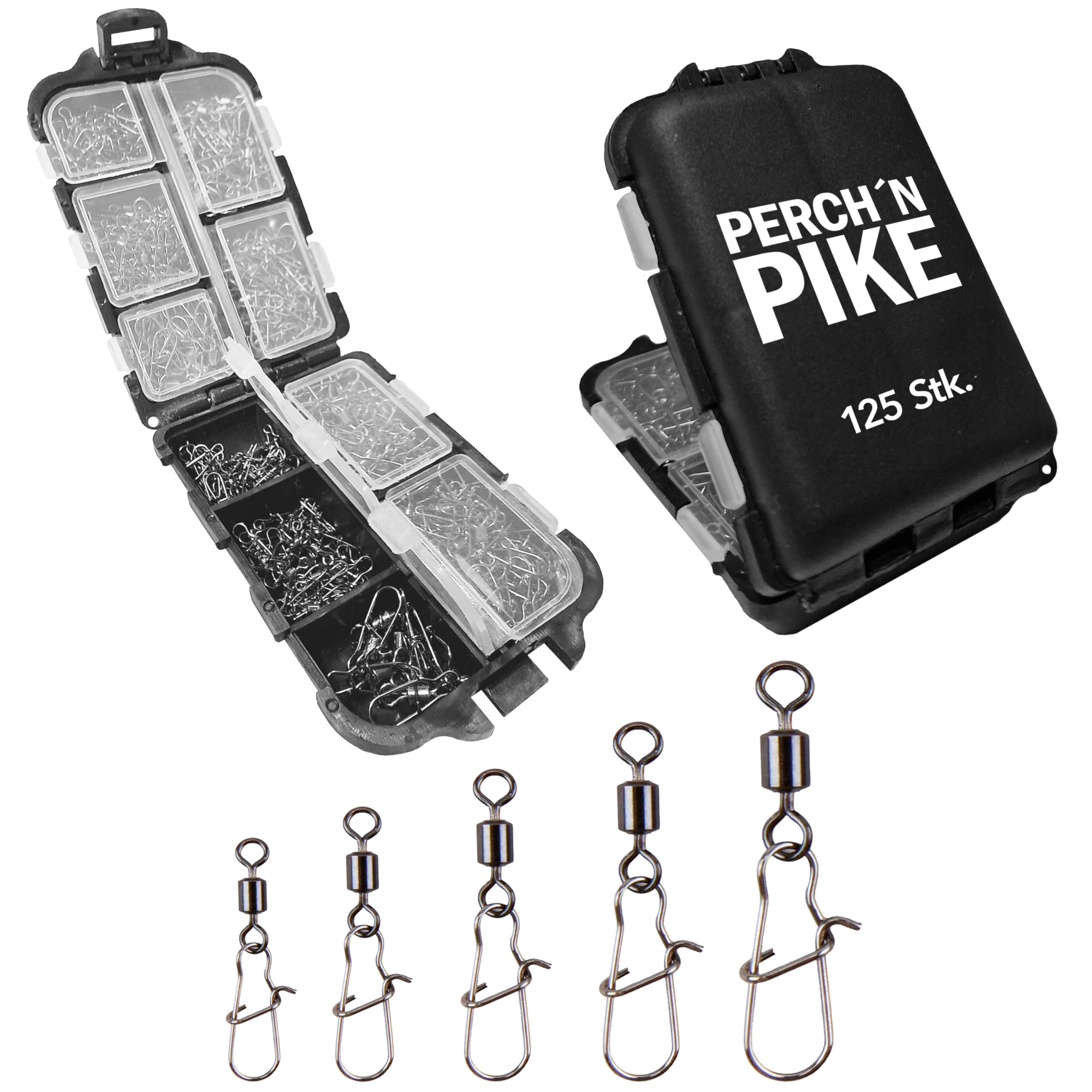 Krętlik wędkarski w zestawie z pudełkiem, Duo-Lock Snap, 8-28 kg, zestaw krętlików, 125 krętlików do spinningu, krętlik wędkarski z karabińczykiem do pstrąga, okonia, sandacza i szczupaka
