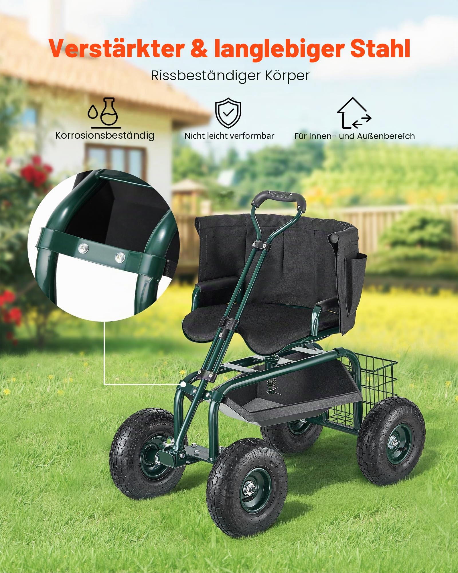 VEVOR Mobiler Gartensitz 810x480x690/770 mm, Gartenrollsitz mit höhenverstellbarer & um 360° drehbarer Sitzfläche, Tragkraft 180 kg, Rückenlehne & Werkzeugaufbewahrung, für Garten, Hof, Terrasse