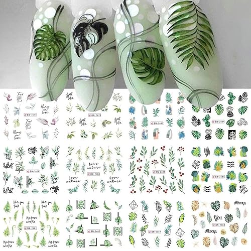 12pcs Green Leaf Nail Stickers - Diowino Water Transfer Nail