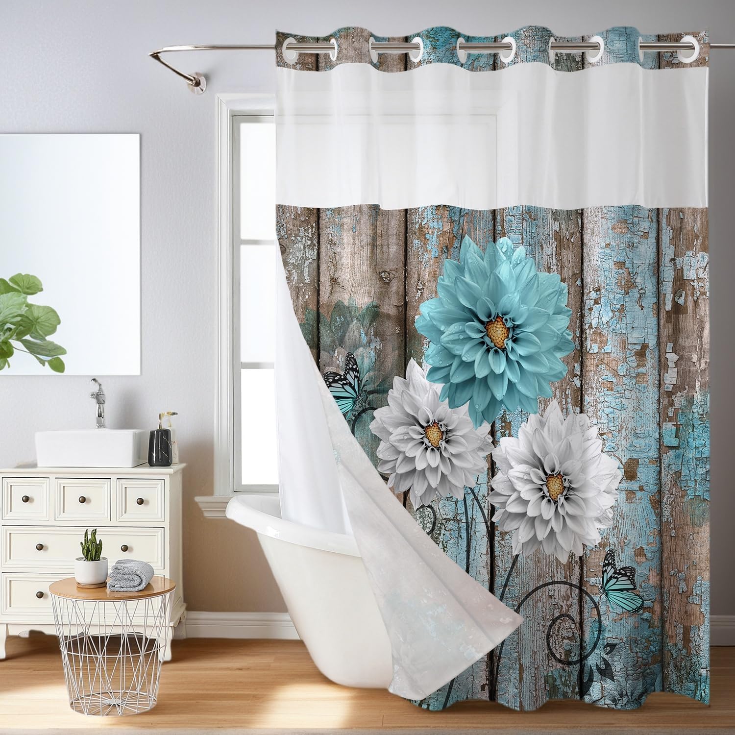 Rustic Floral No Hook Shower Curtain with Snap in Liner, Teal White Dahlia Flowers and Butterfly Shower Curtains, See Through Top Window Detachable Liner Farmhouse Fabric Shower Curtain 71 x 74 Inch